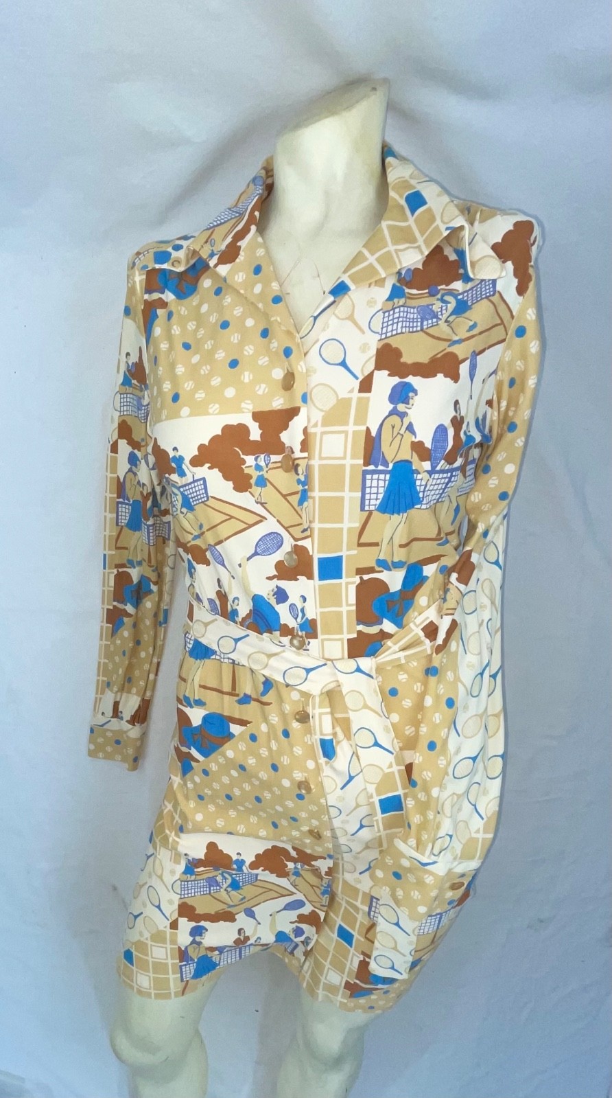 VTG 60S 70S WOMENS S TENNIS ALL OVER PRINT DISCO RETRO FUN CUTE DRESS