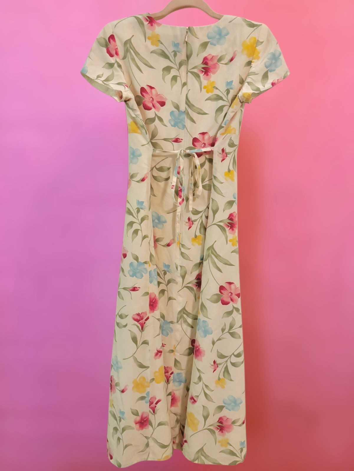 Vintage 80s 90s Patrick Petite 100% Silk Butter Yellow Pink Floral Maxi Dress 6P