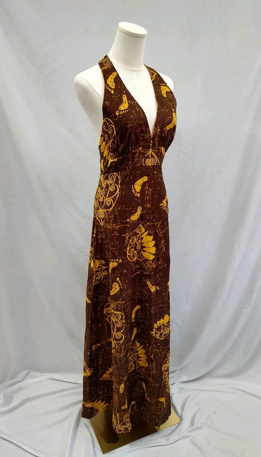 70&rsquo;s Vintage Hawaiian Dress Maxi Halter Tiki Barefoot Beach Print Brown Sz XS/S