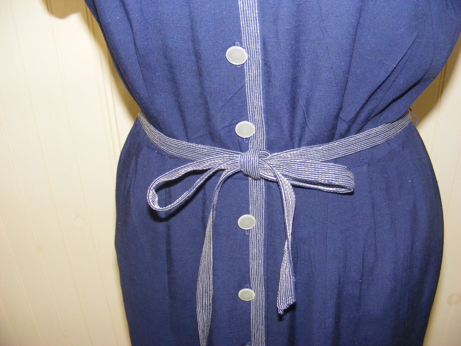 40S DRESS NAVY BLUE BUTTON UP LONG FULL SKIRT BELTED FLAT WAIST M