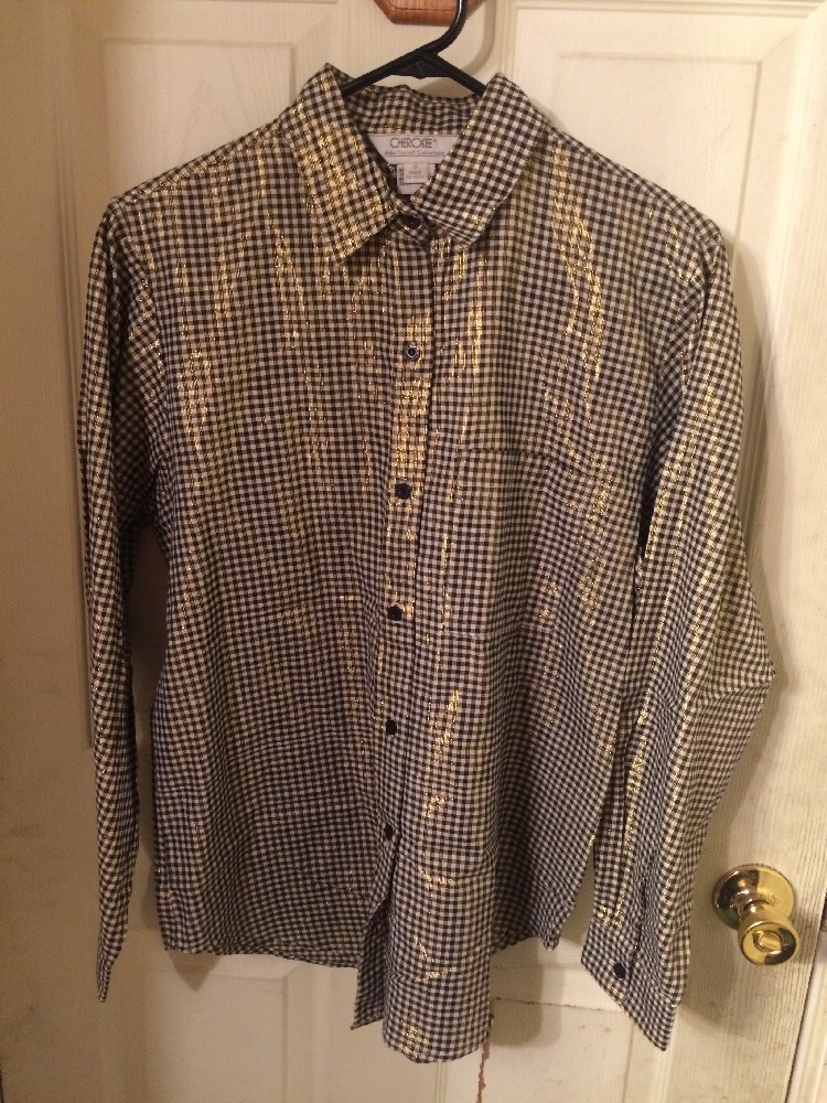 Vintage Cherokee Brand Button Down Shirt Black White Gold Gingham Size Small
