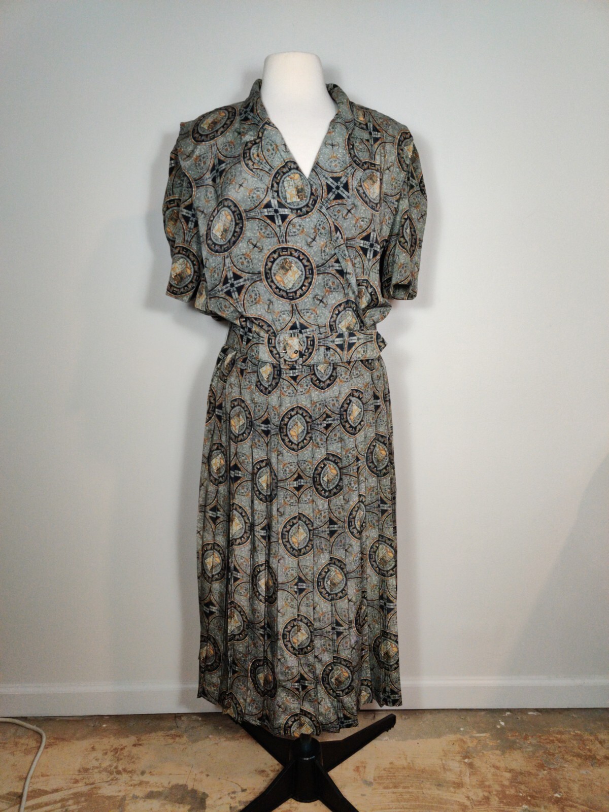 Vintage 80s Midi Secretary Dress Size 12 Geometric Mosaic Print Belted V Neck
