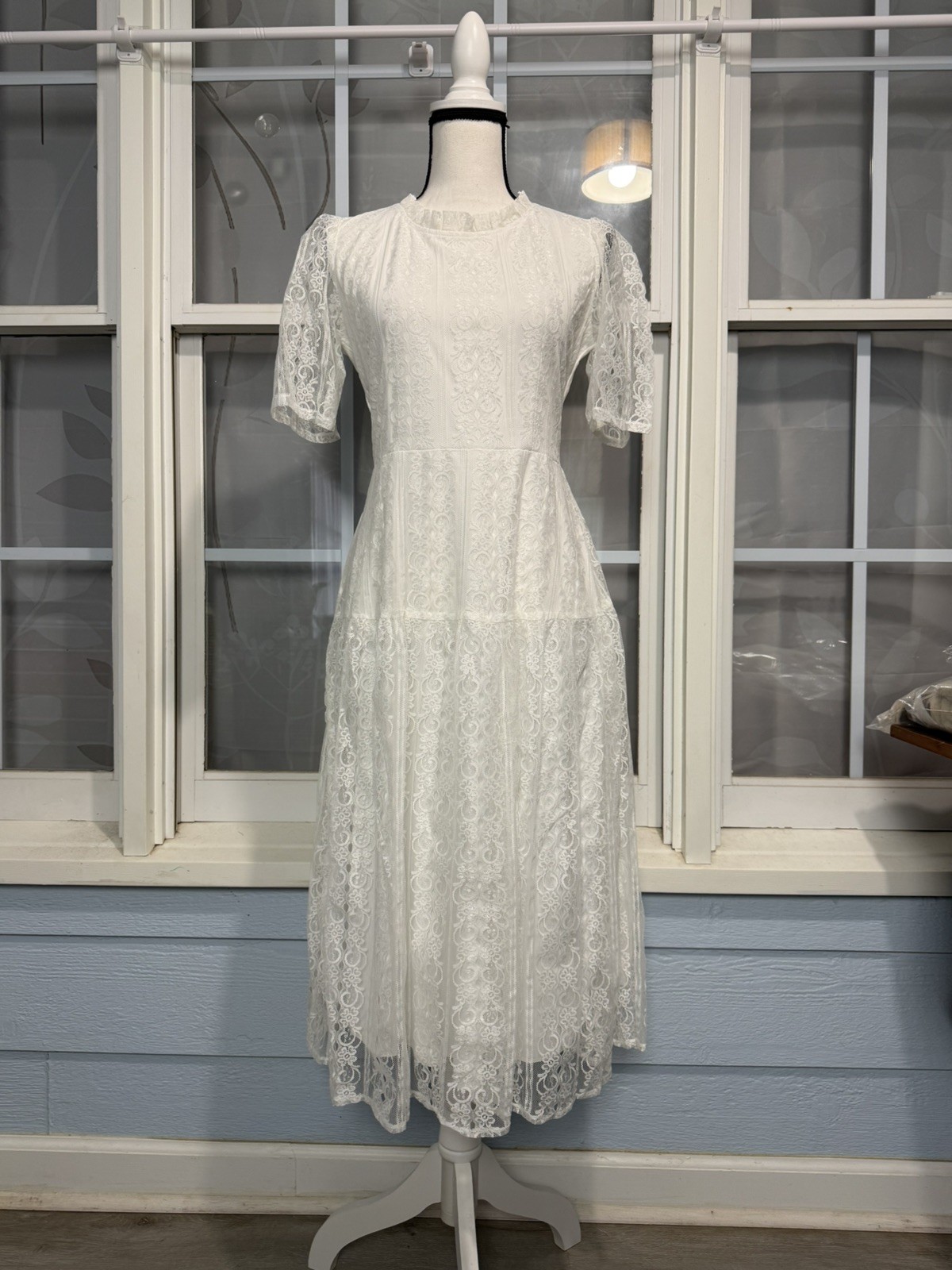Thời Trang Tích Tắc Women’s White Lace Cottagecore Dress Midi Sz MEDIUM (8) NWT