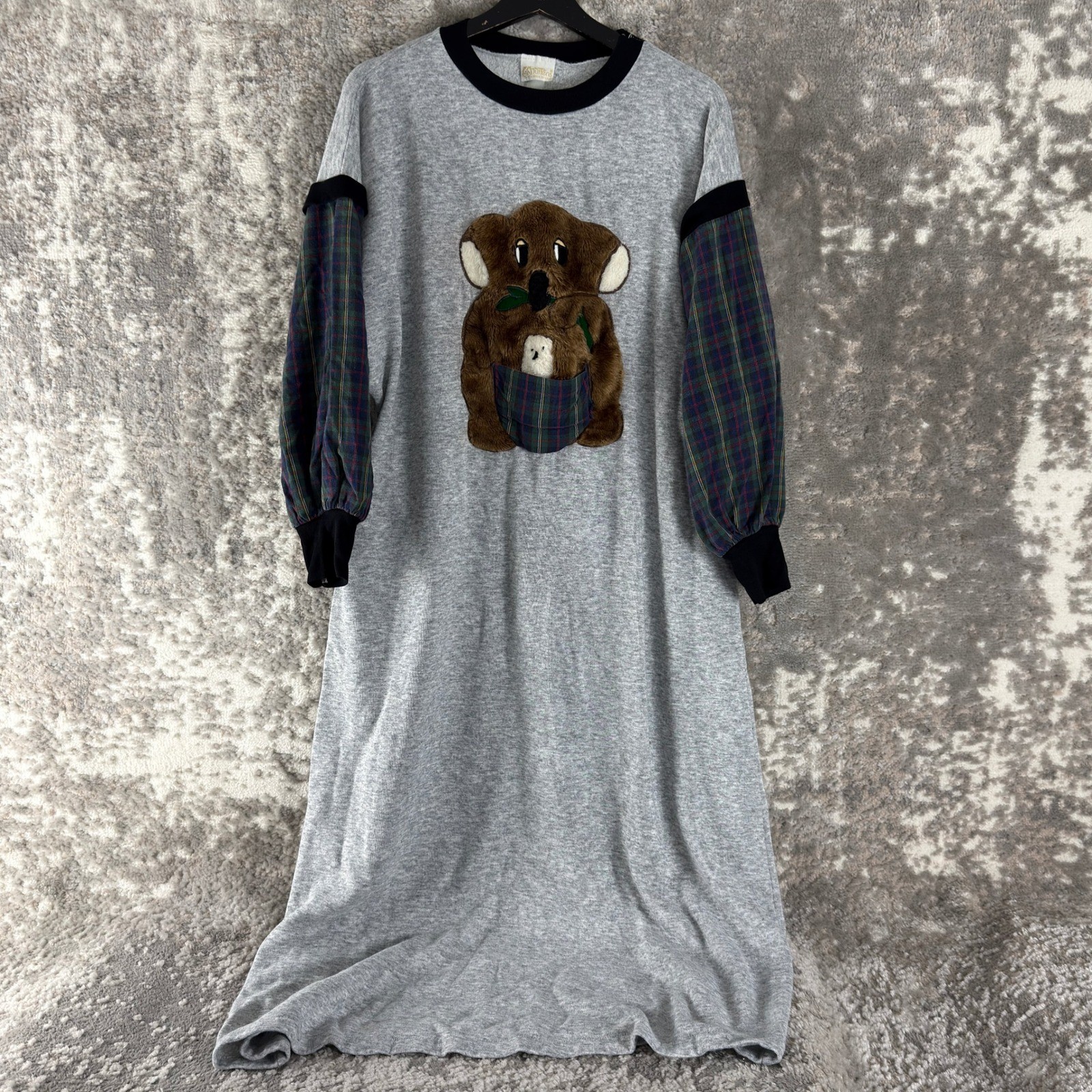 Kittens Size L Vintage Koala Plaid Sleeve Fleece Nightgown Loungedress Gray Long