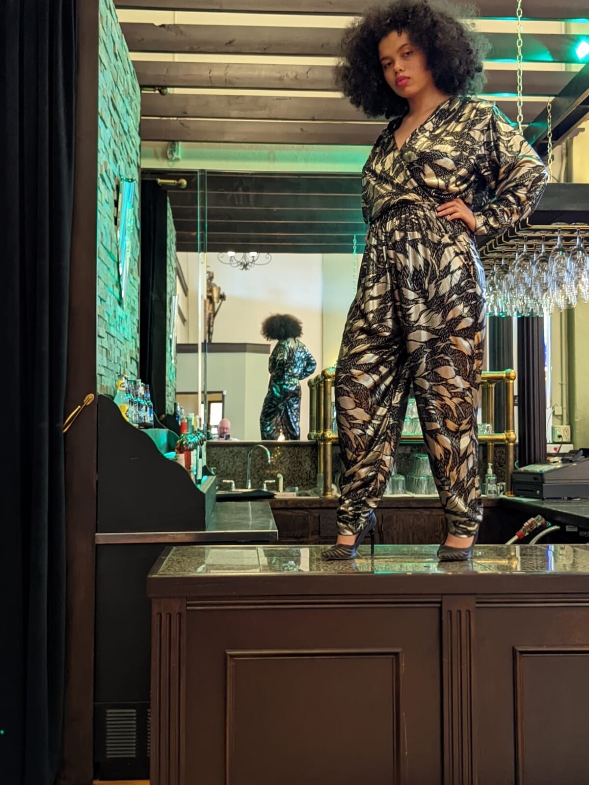 SEXY VINTAGE EARLY 1980’S METALLIC PRINT JUMPSUIT BY DAVID BROWN – CALIFORNIA