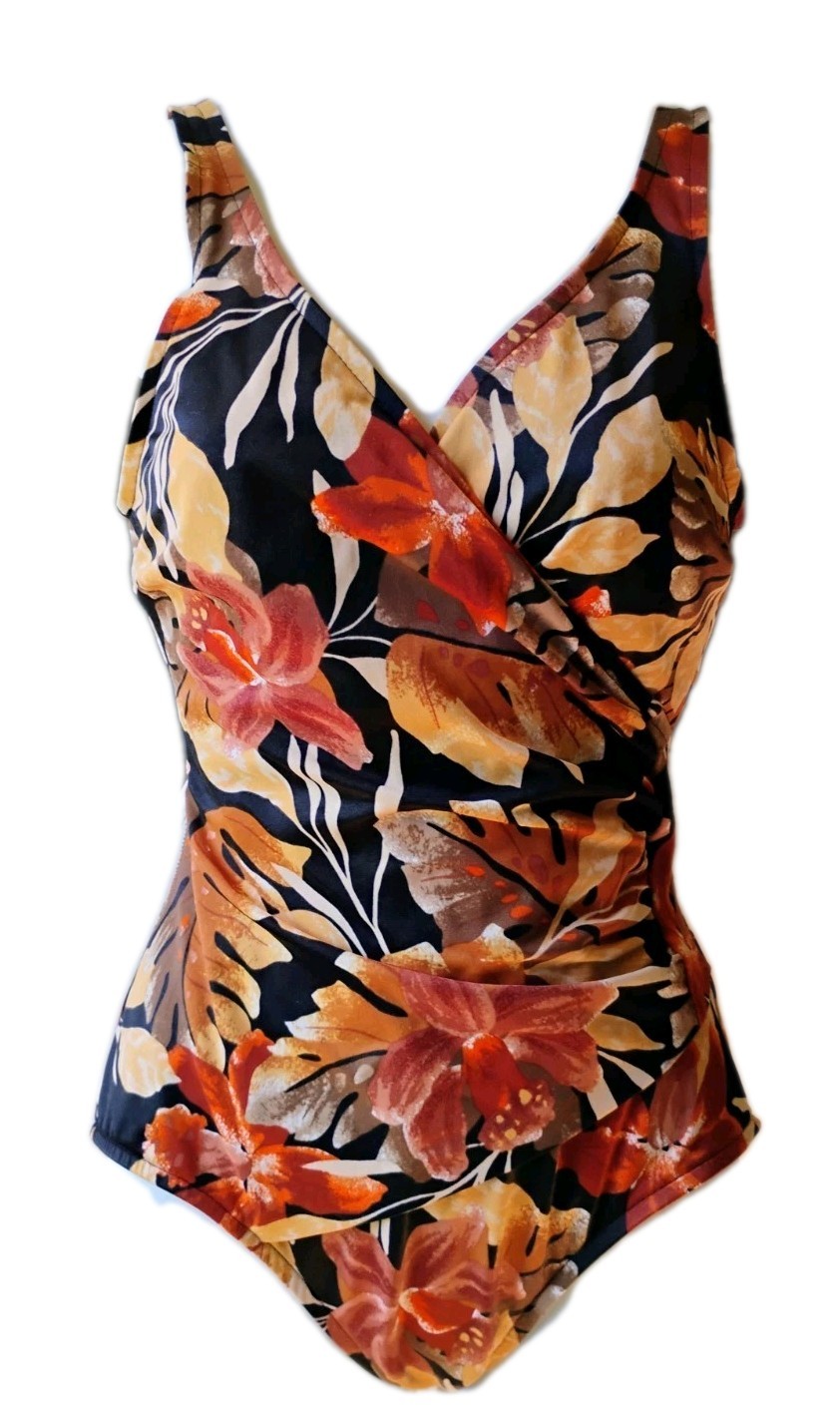 VTG 80&rsquo;s « JANTZEN Red Diving Girl Icon » Earthtone Tropical One-piece Swimsuit 12