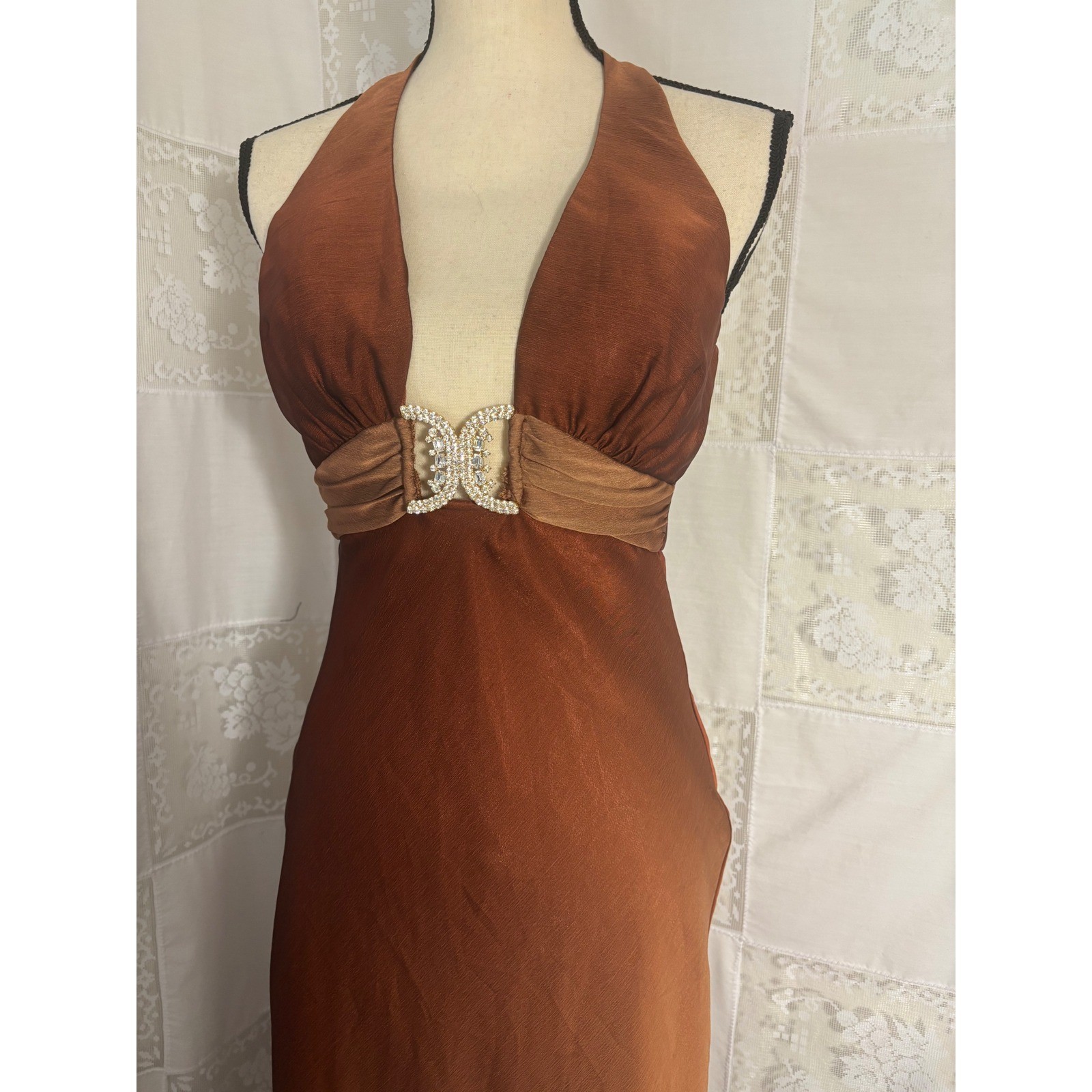 VTG Brown Copper Ombre Plunge Neck Halter Beaded Floor Length Gown Size XS
