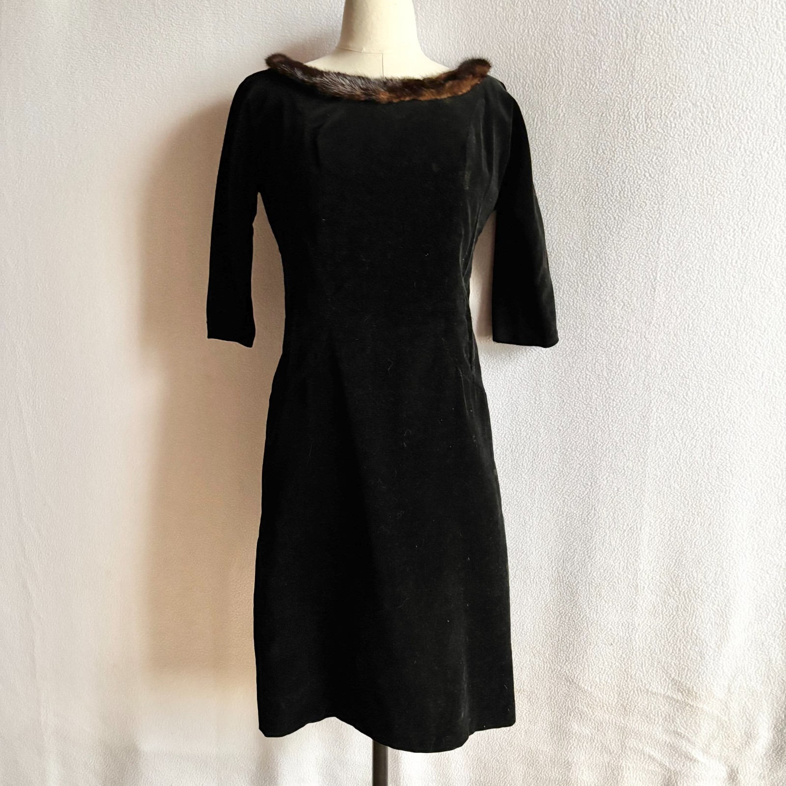 Vtg 1960s Velveteen Little Black Dress with Mink Collar