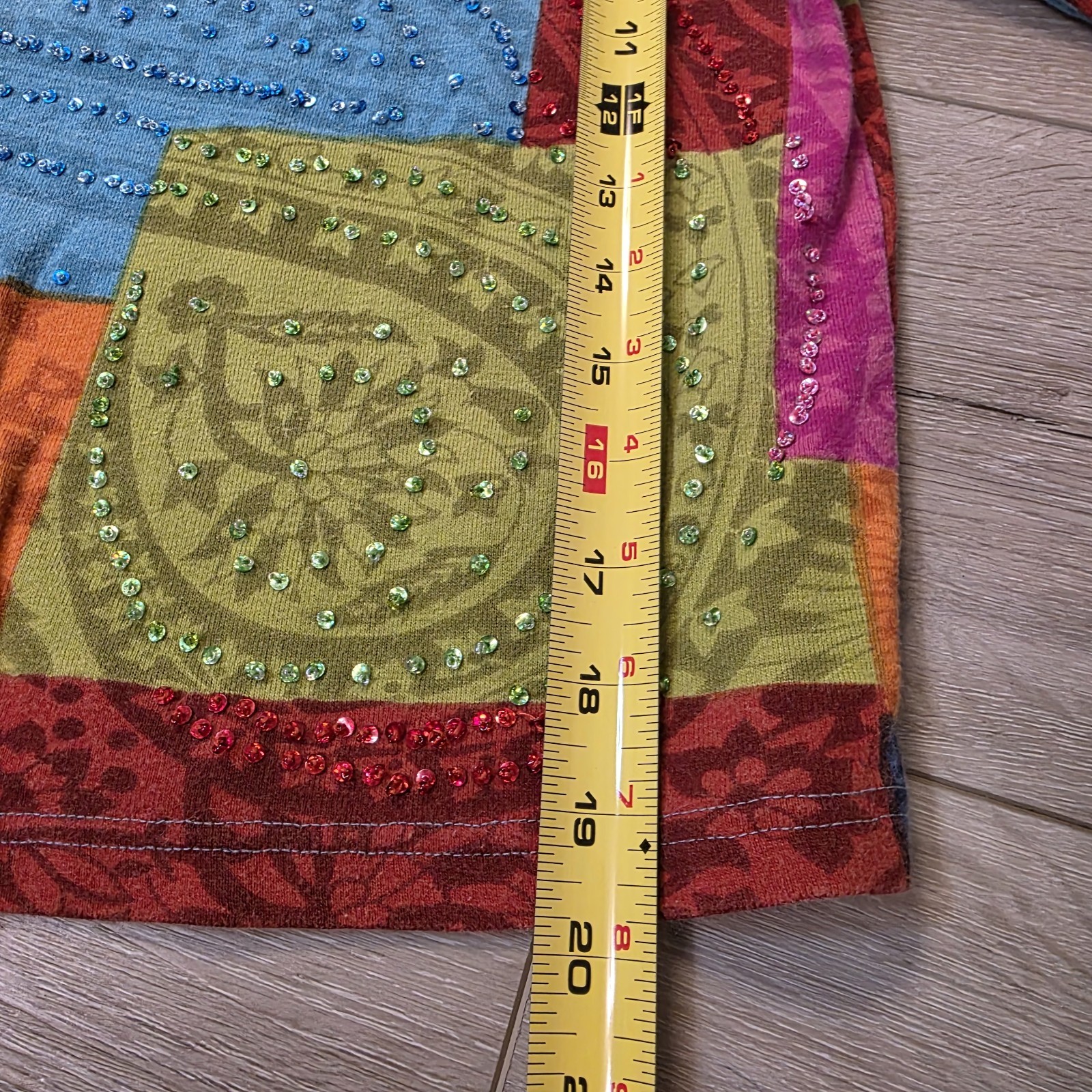 Vtg Womens Multicolor Patchwork Boho Hippie Core 3/4 Sleeve Cotton Top Sz Lg
