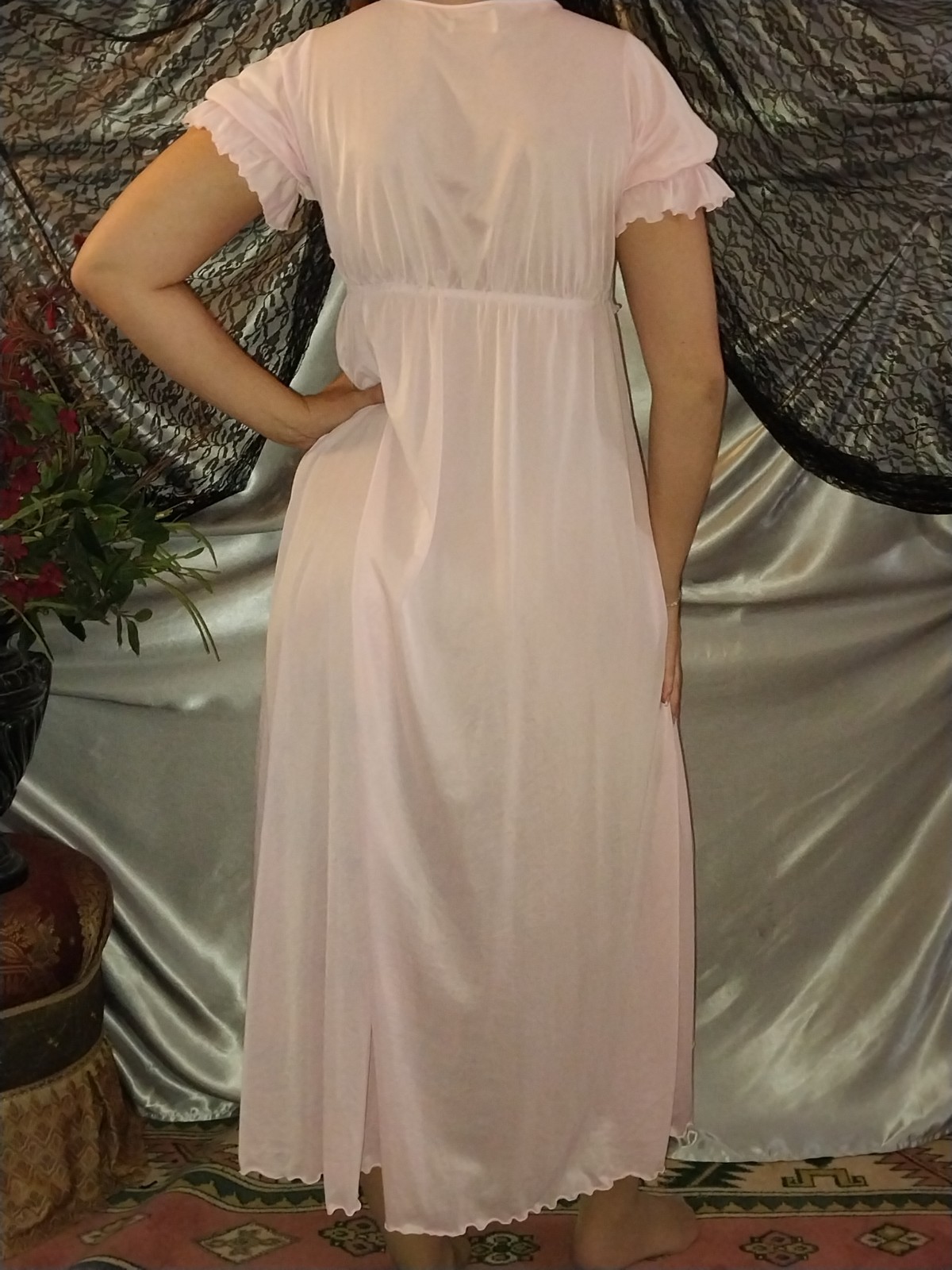 VTG Silky Nylon Pink Sissy Layer Ruffles Sleep nightie robe LONG 50S P/S 36&Prime; NEW