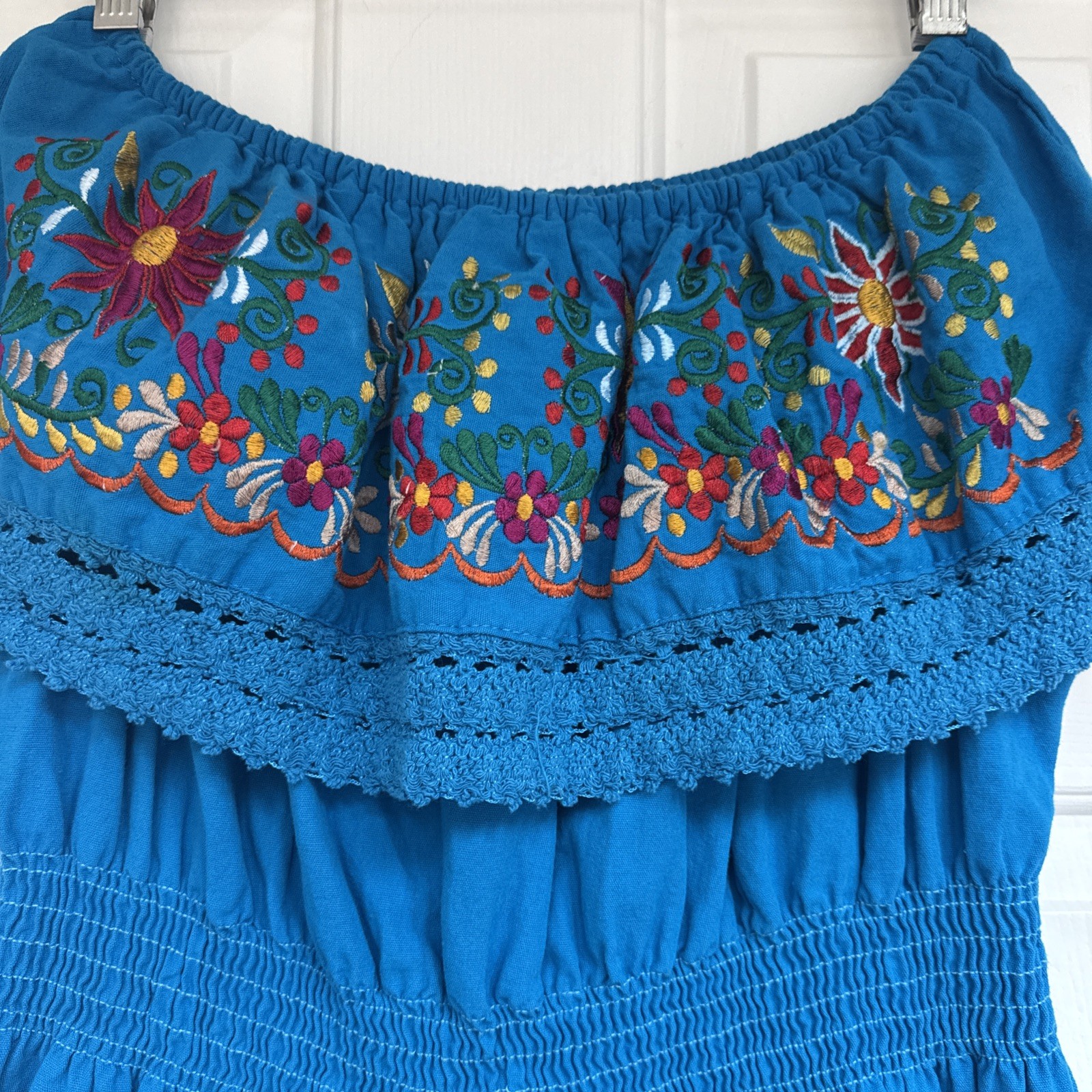 Mexican Folk M/L Embroidered Hand Crafted Ocean Floral Boho Artisan Hippie Dress