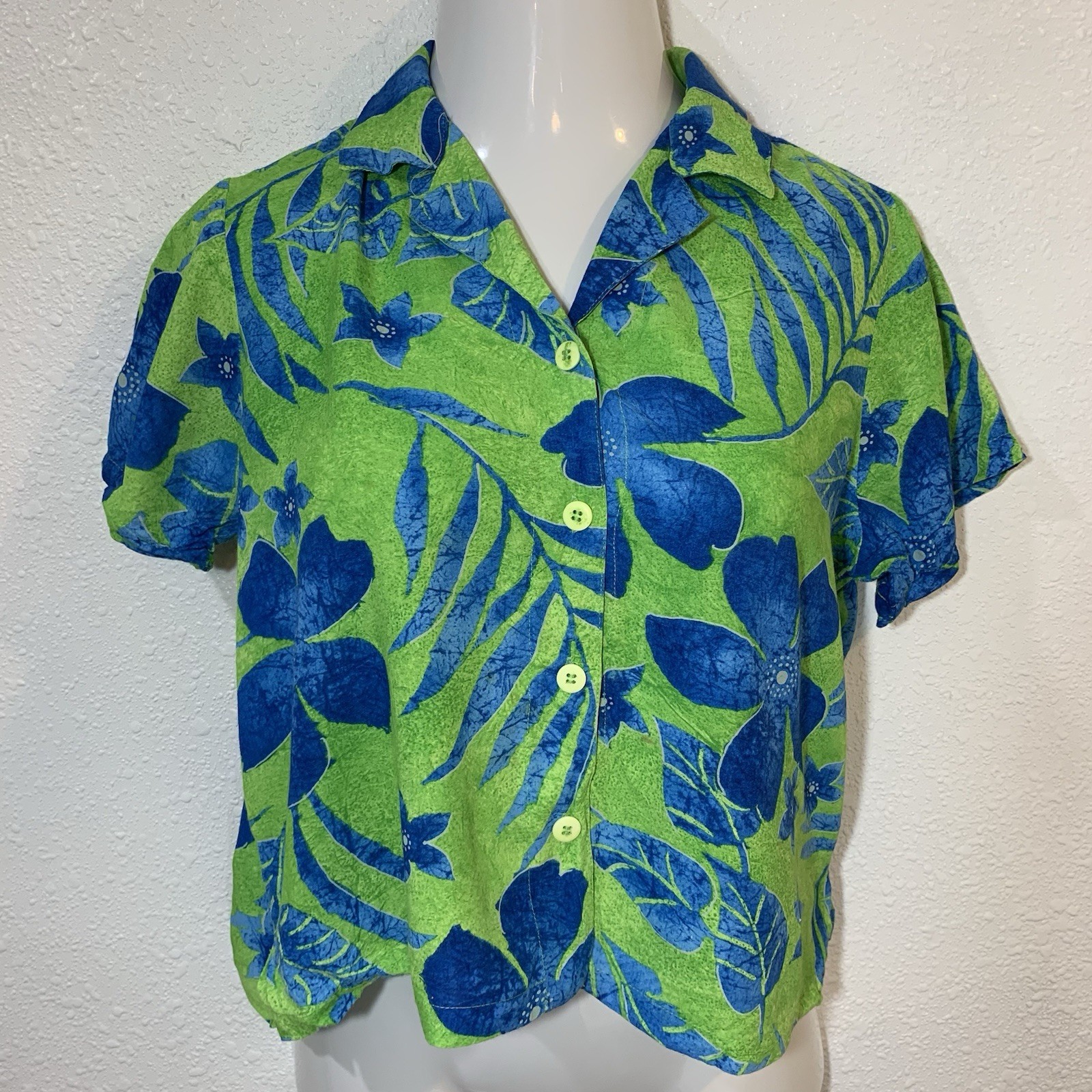 Vintage JAMS WORLD Cropped Camp Shirt Medium Lanikai Green Aloha Hawaiian Boxy