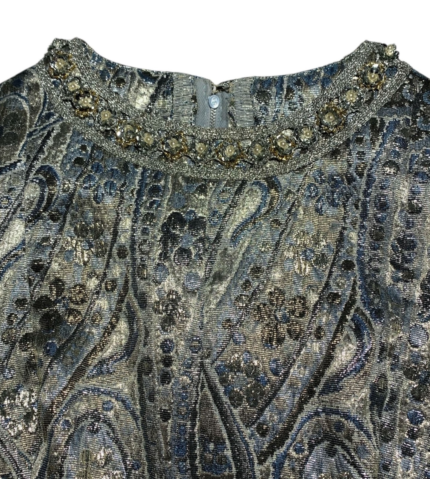Vintage 60s/70s Women&rsquo;s Empire Waist Metallic Paisley Brocade Dress – Size XS/S
