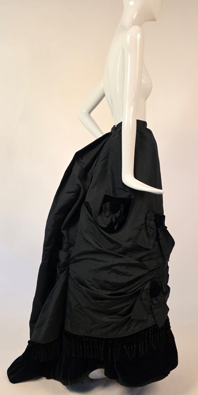 VICTORIAN 1870’S BLACK SILK RECEPTION GOWN SKIRT W SILK VELVET TRIM + TRAIN