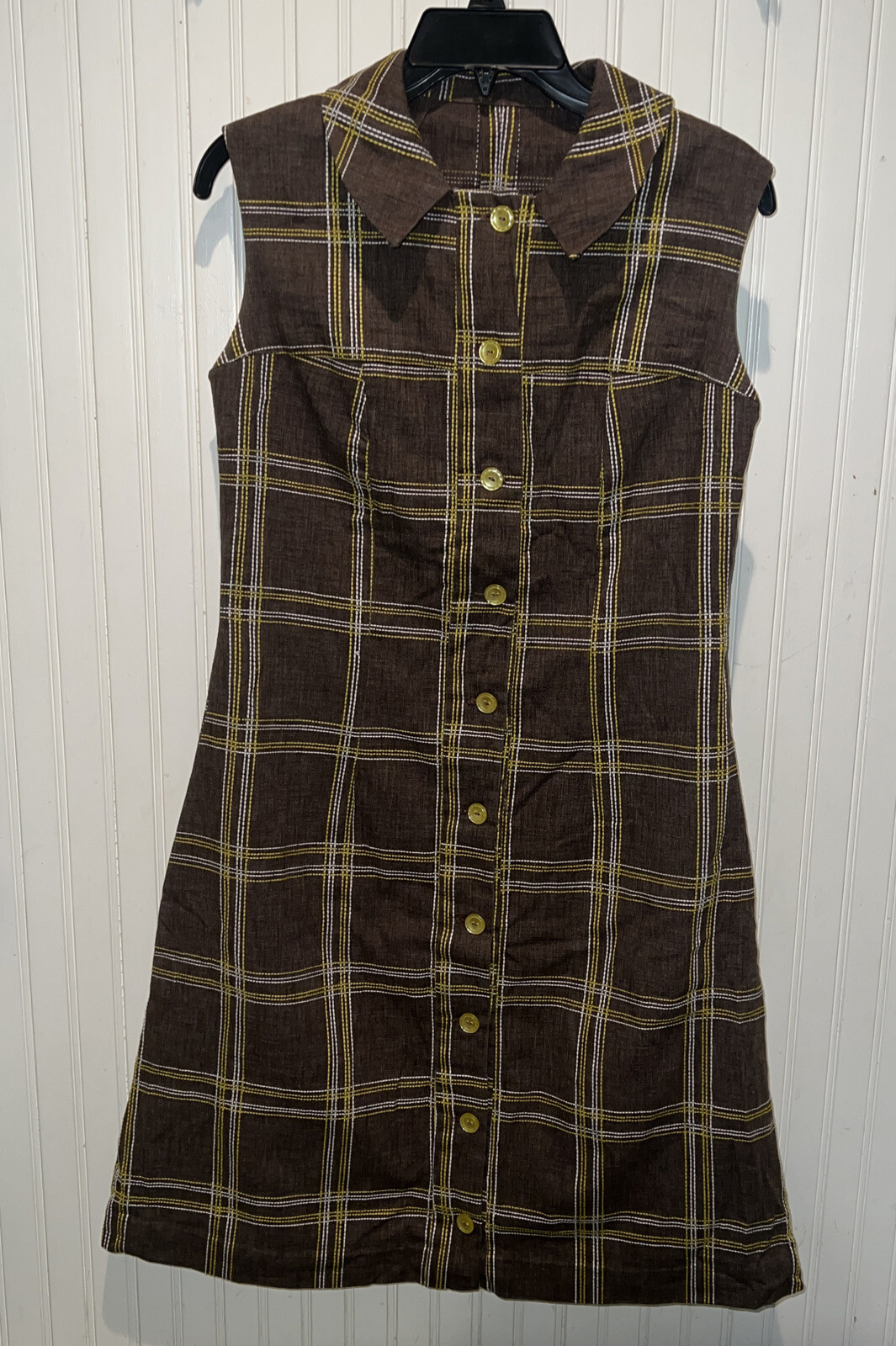 Vintage Sleeveless Brown Yellow Plaid Dress Handmade 1960’s