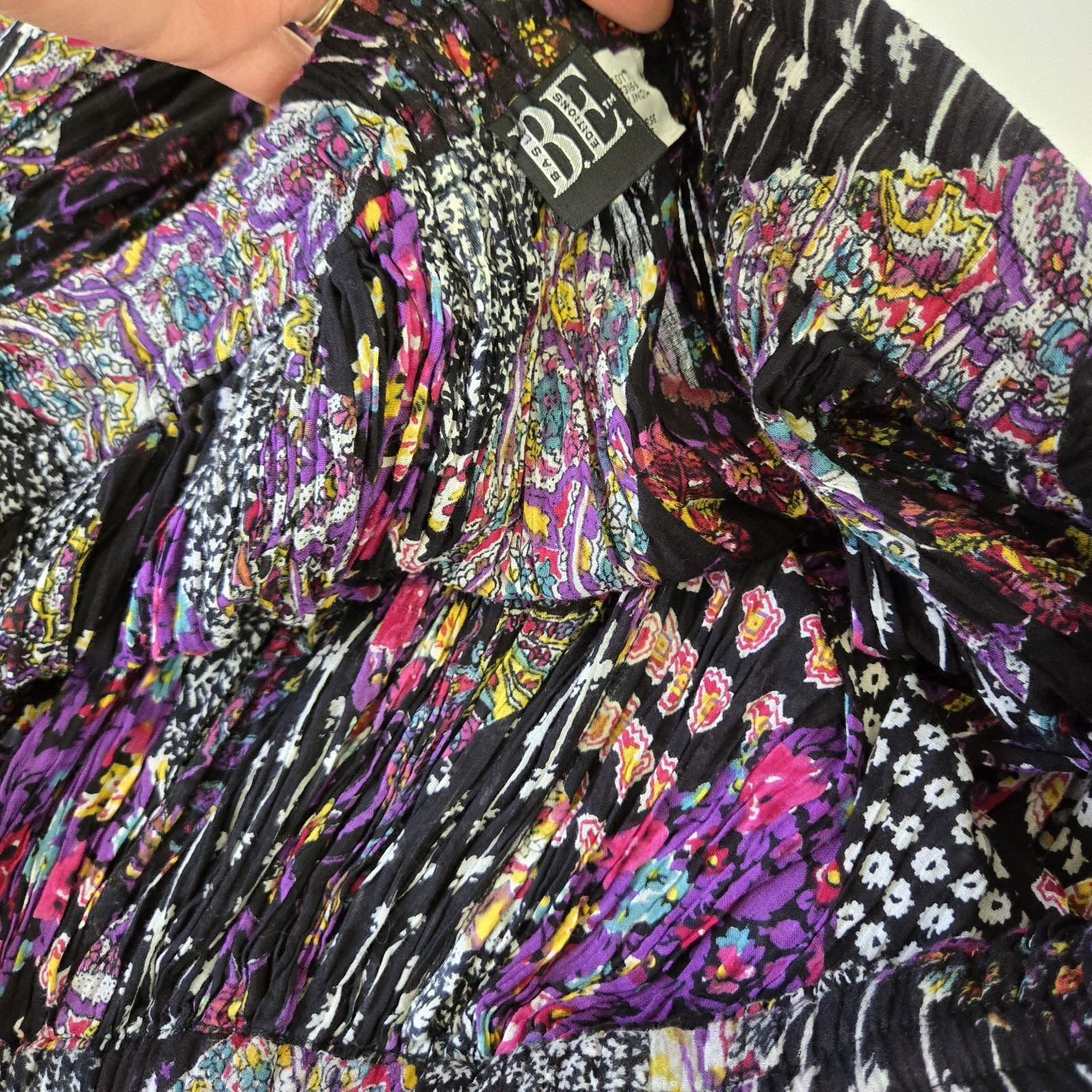 Vintage 1990s Basic Edition Floral Patchwork Skirt Black and Pink Flowy Gypsy M