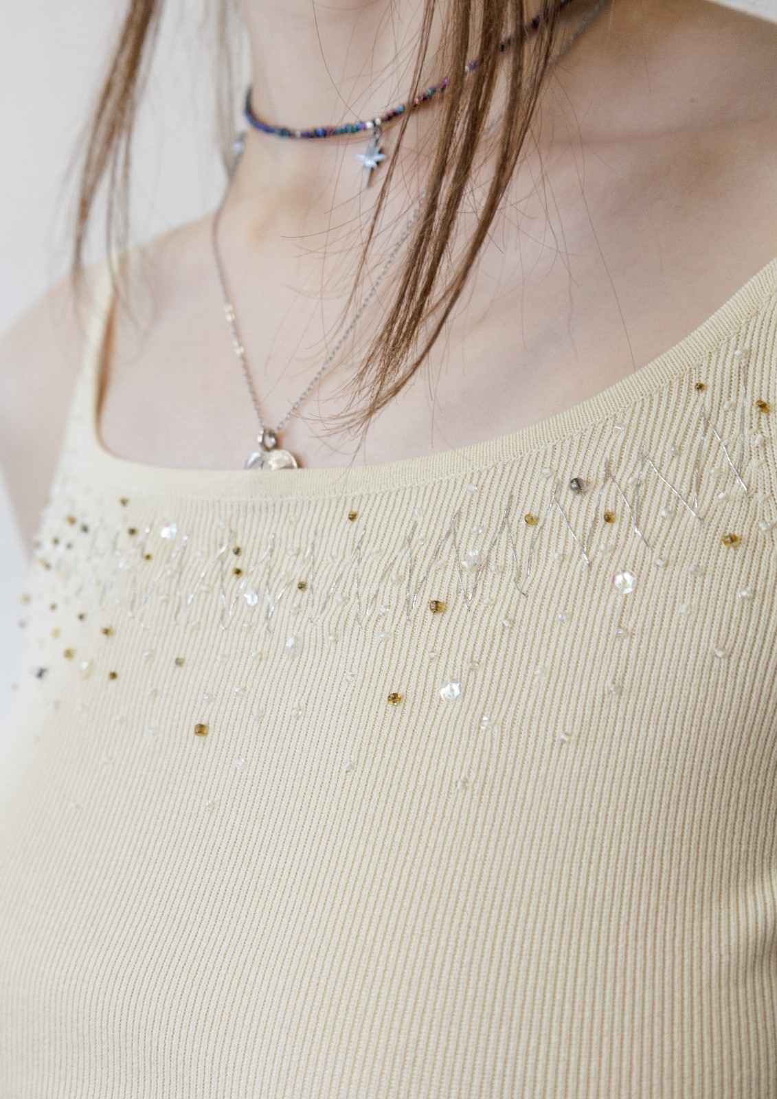 Vintage Y2K Cream Ribbed Knit Beaded Cami Tank Top Women&rsquo;s S Spaghetti Strap