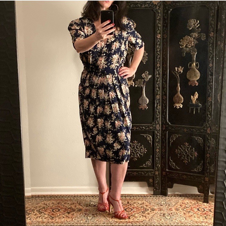 Vintage 1980’s Dark Floral Rose Print Midi Dress, Navy Blue and Pink, Size 12
