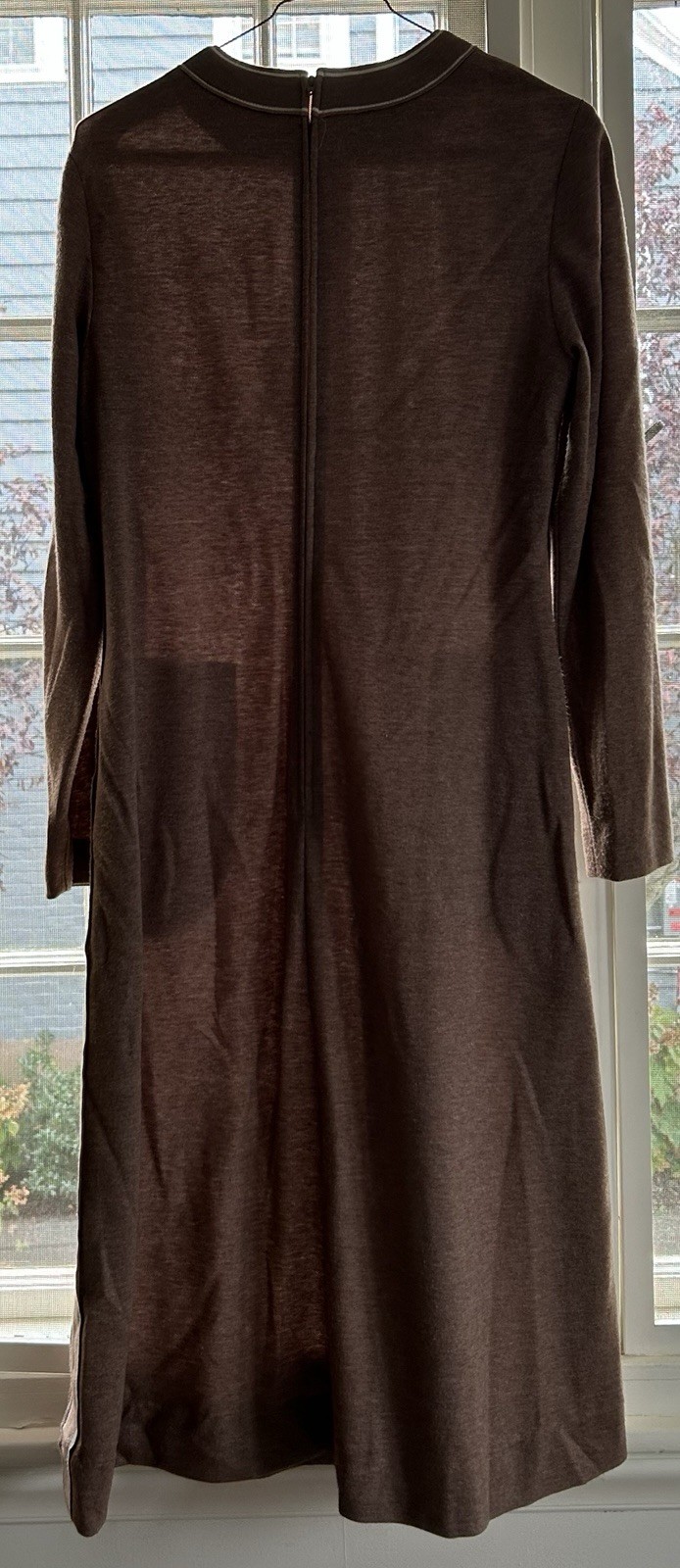 c1970s LESLIE FAY PALE BROWN DRESS WHITE TRIM SZ 14? ILGWU USA-MADE LABEL VG CND