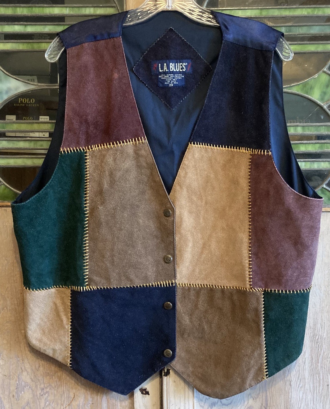 1990s Vtg L.A. BLUES Sz 2X Suede Leather Patchwork Vest Boho Festival Hippie MOD