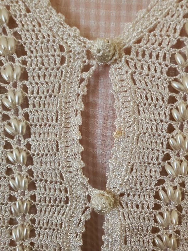 Halmode Petites Pink White Gingham Vintage Dress Crocheted Pearl Vest Overlay 6P