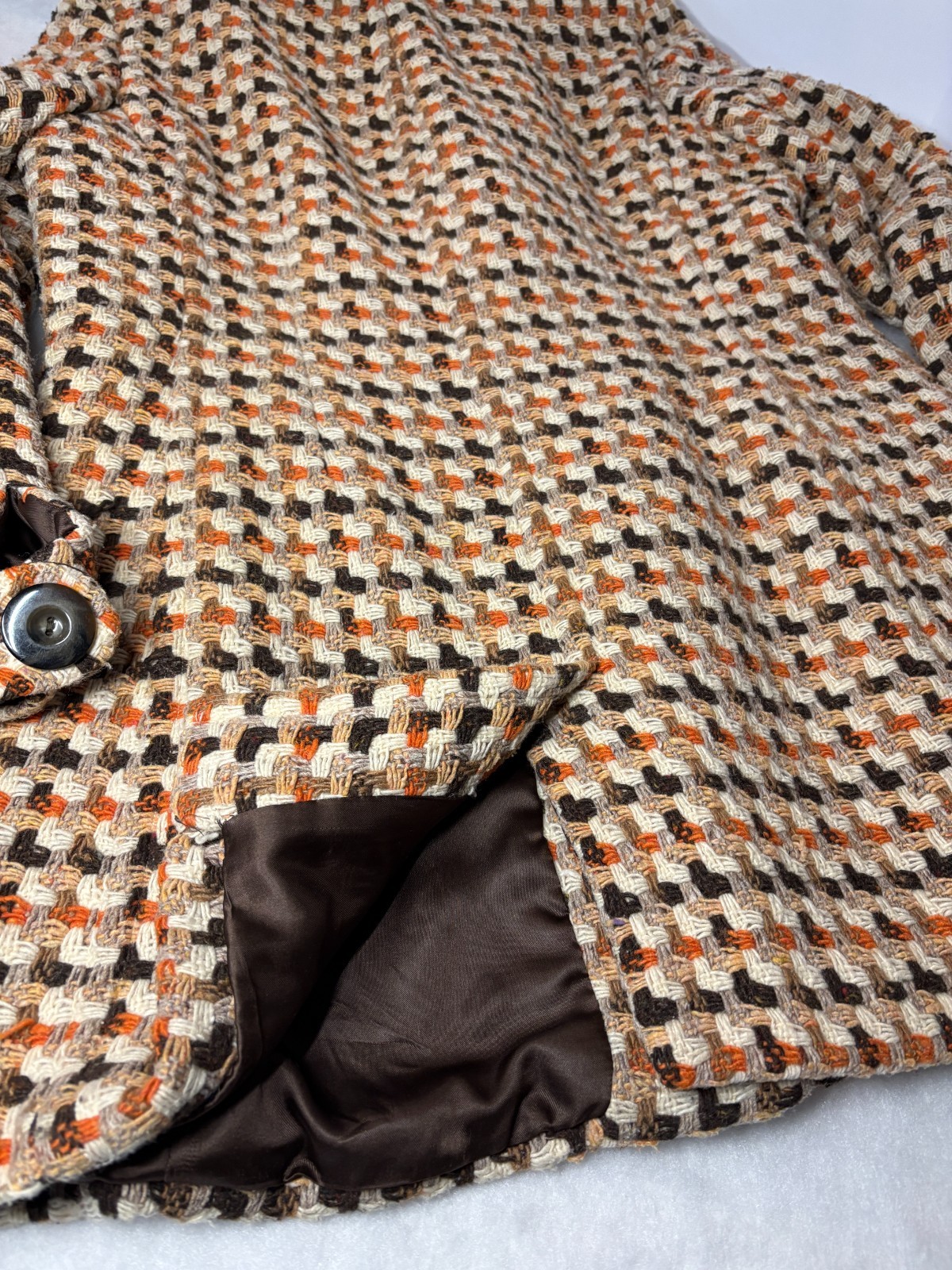 VTG Caslon Wool Woven Tweed Car Coat Brown Orange Women&rsquo;s Sz L Mod 70&rsquo;s Style