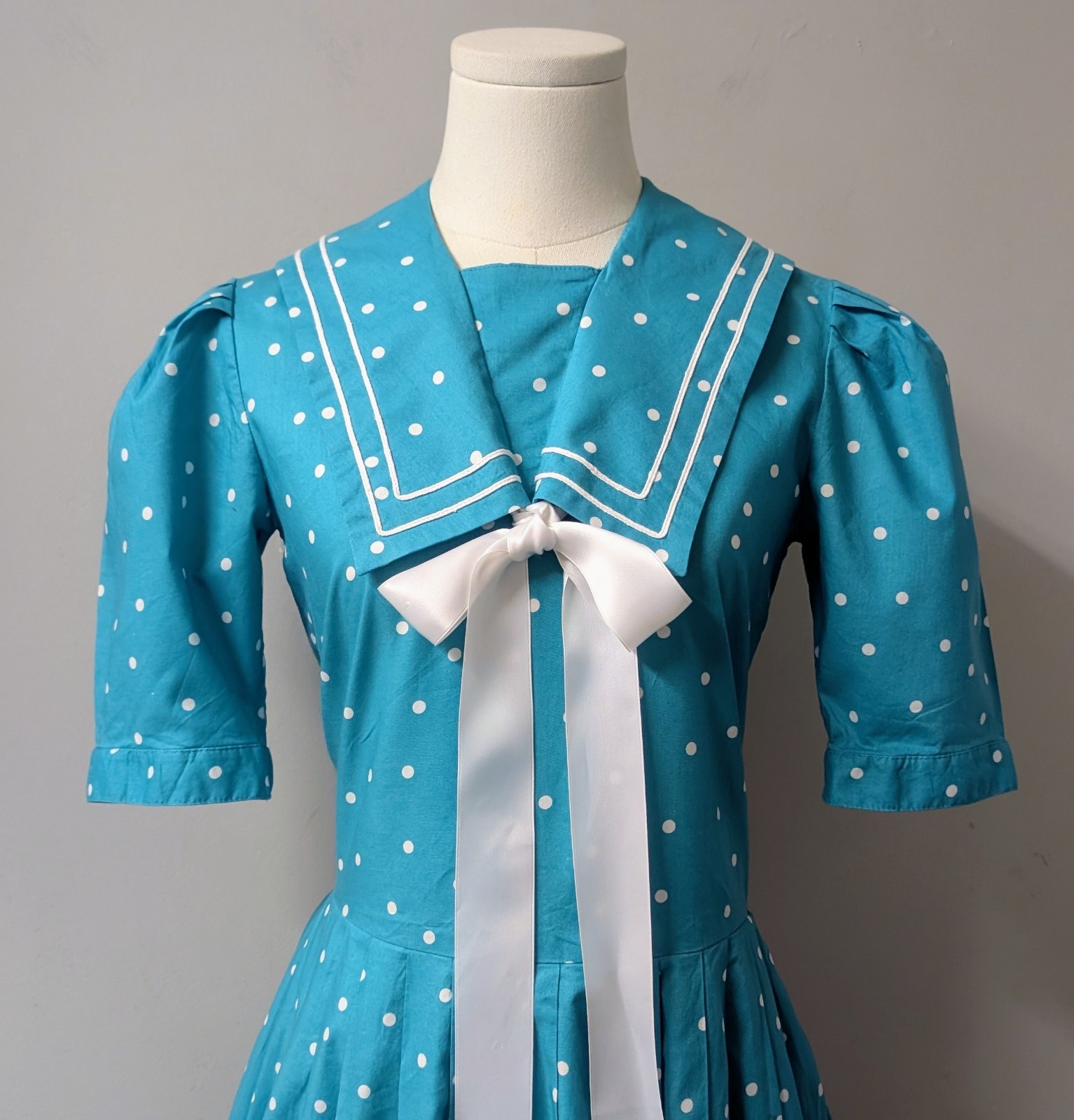 Vintage 80&rsquo;s Laura Ashley Aqua Sailor White Polka Dot Dress Pockets GB US 6 S