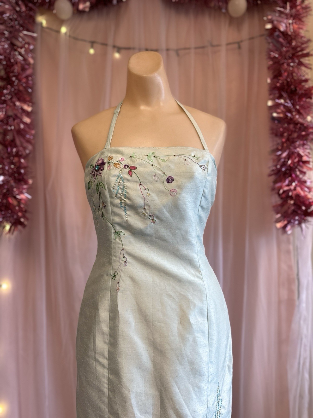 Vintage Y2K 2000s Halter Beaded Mini Dress Blue Open Back Strapless XS