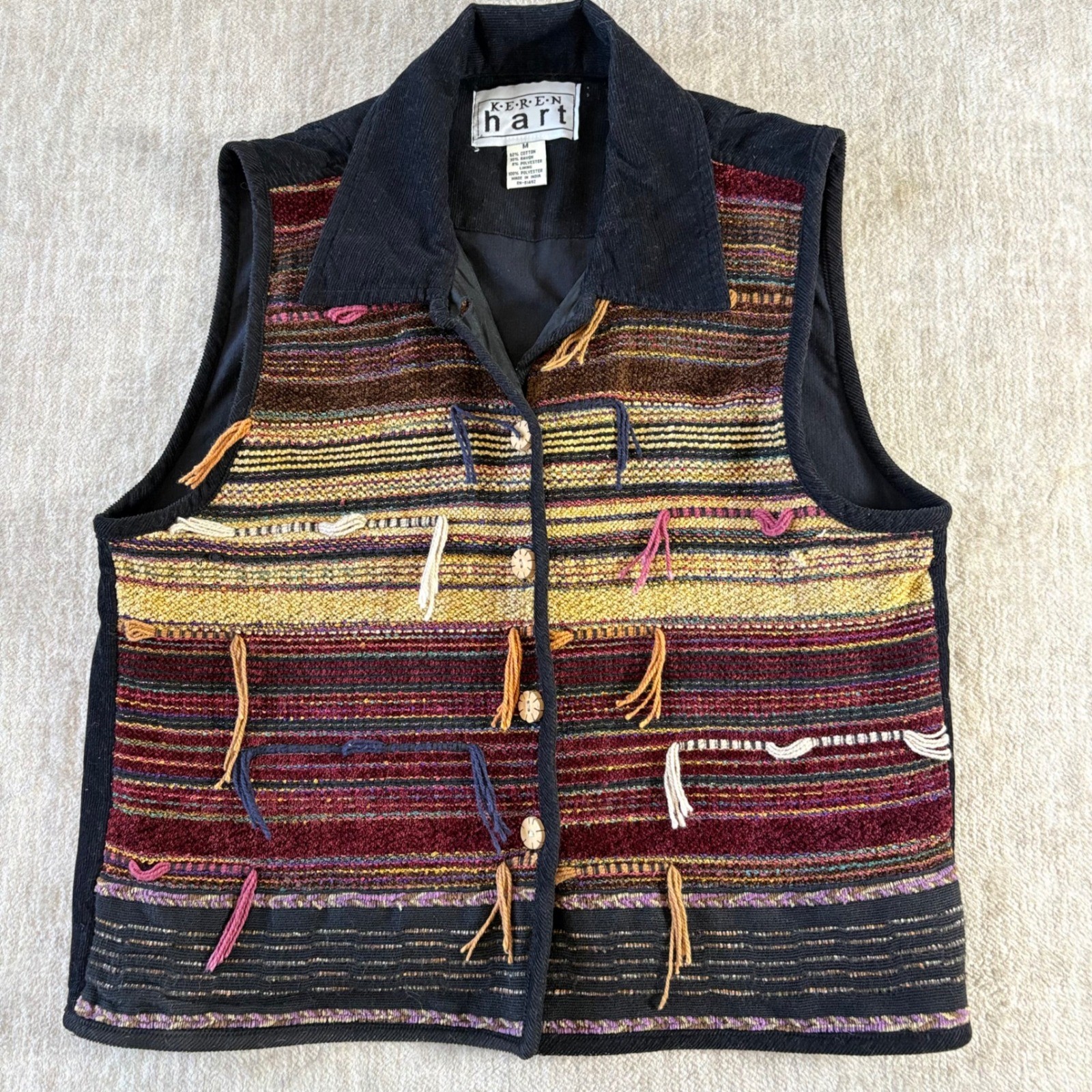 Keren Hart Tapestry Boho Vest Women M Southwestern Wood Button Festival Vintage