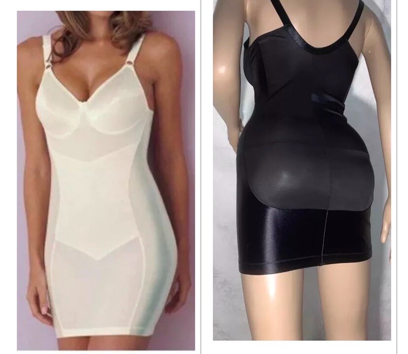 38 DD Vintage Short BLACK Satin Spandex One Pc Girdle Full Bra Slip Briefer