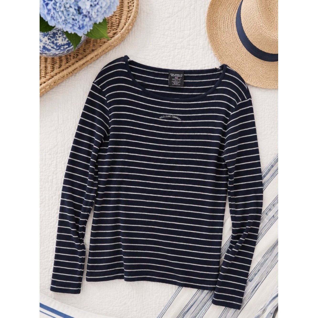 Vintage Polo Jeans Co Ralph Lauren Breton Stripe Boat Neck Top, Made USA, XL