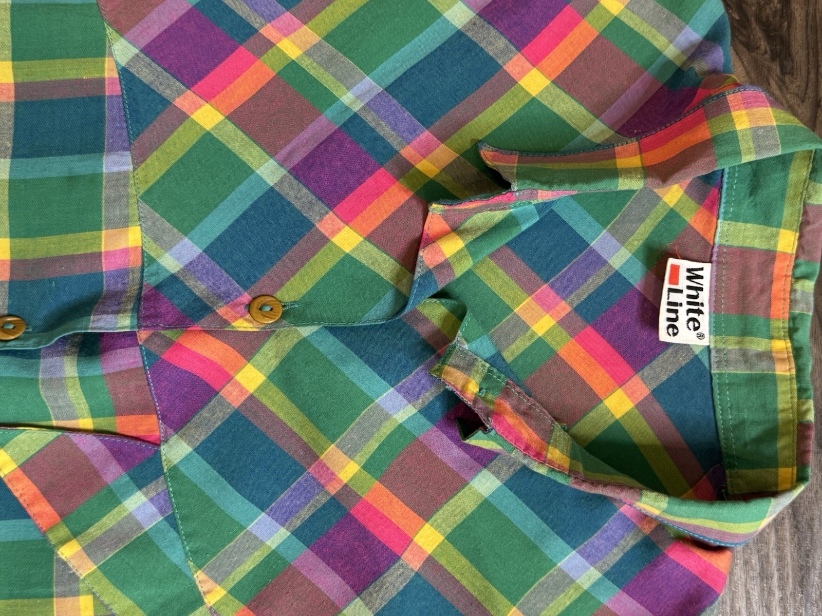 Vintage 80s Rainbow Plaid Button Down Camp Shirt Retro Dopamine Quirky Top