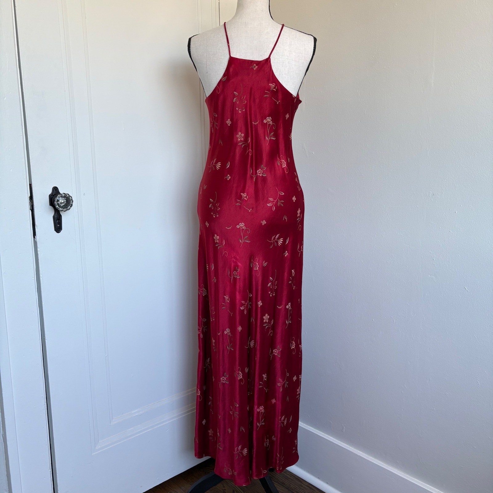 Vintage Breakin Loose Red Floral Satin Halter Maxi Dress 90s Grunge Size 11/12