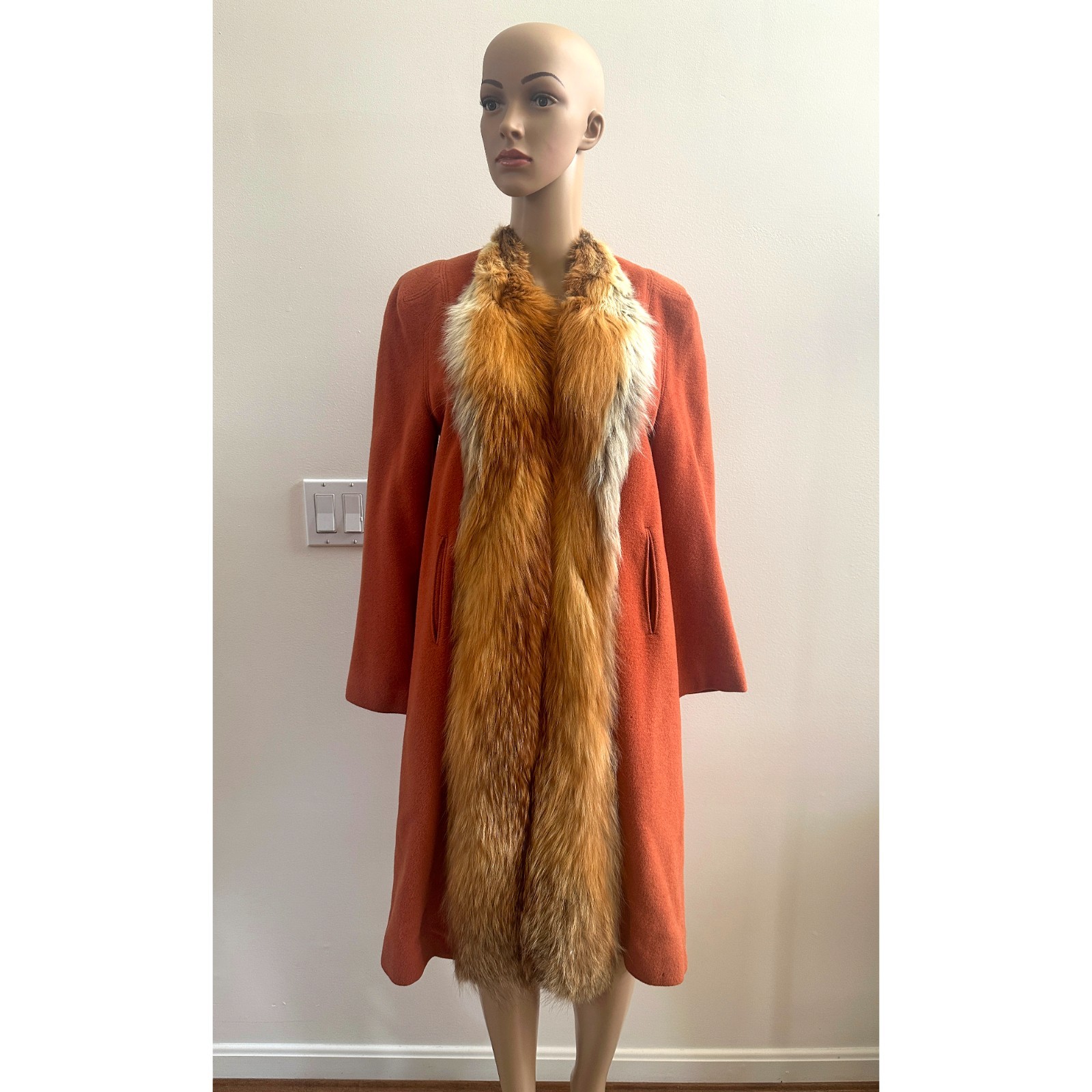 Vintage 1960s Burnt Orange Penny Lane Wool Coat with Fox Fur Trim