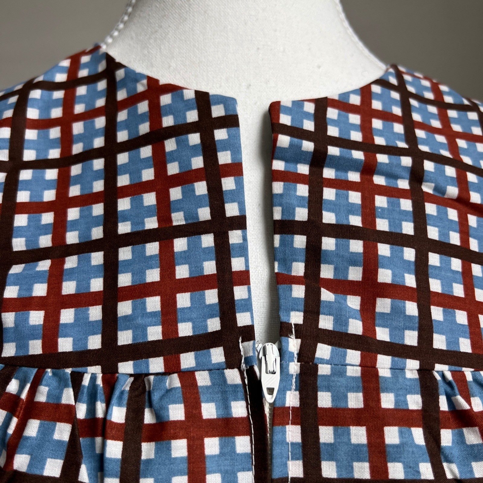 Vintage Plaid Midi Dress Mod MCM Geometric Sleeveless A-Line Muumuu House Coat