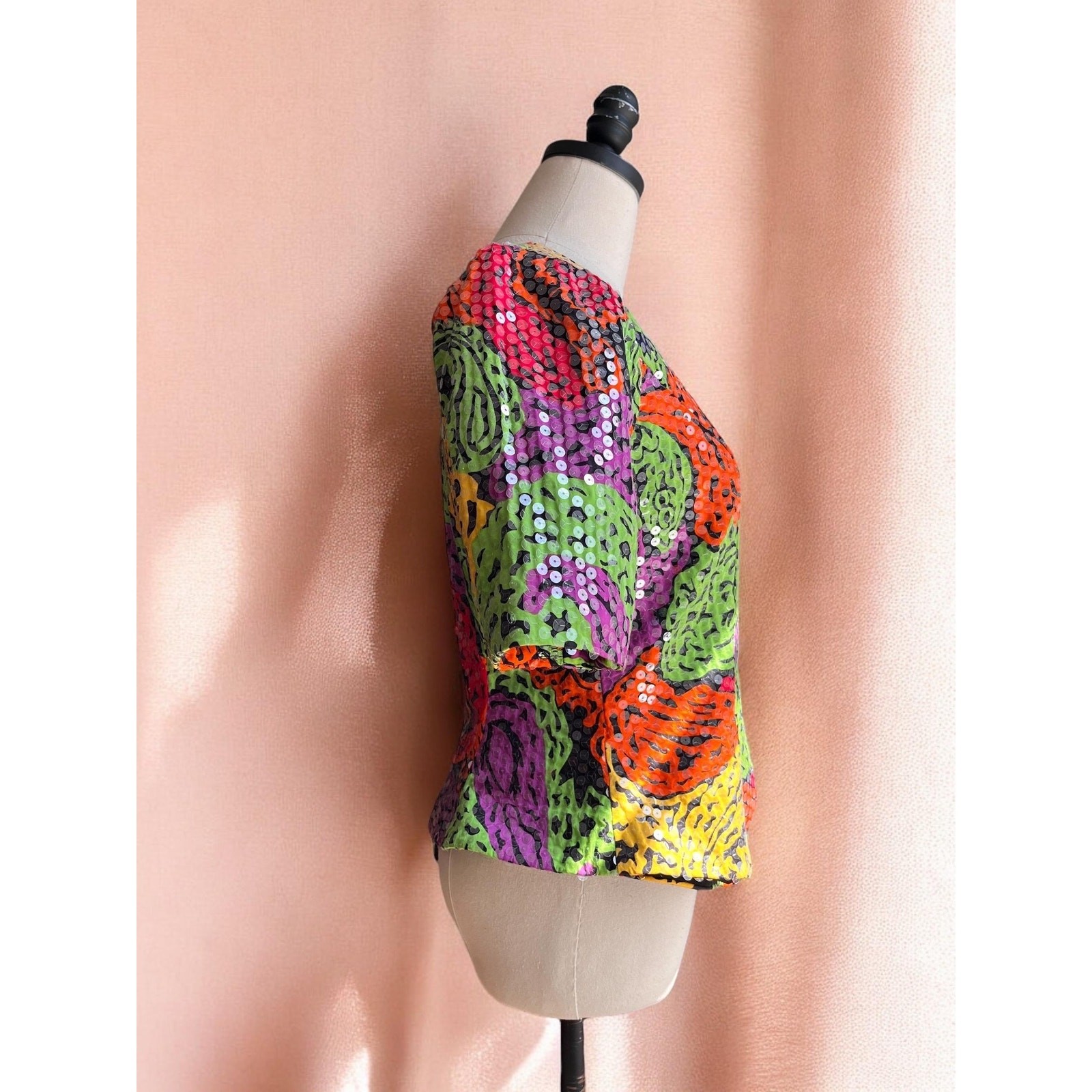 Vintage 80s Sequin Jacket Top | Neon Psychedelic Print Puff Sleeve Tailored |S/M