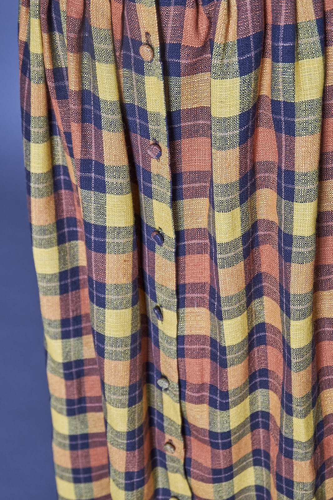 1980s Ruffle Waist Plaid Golden Button Up Skirt Long Retro