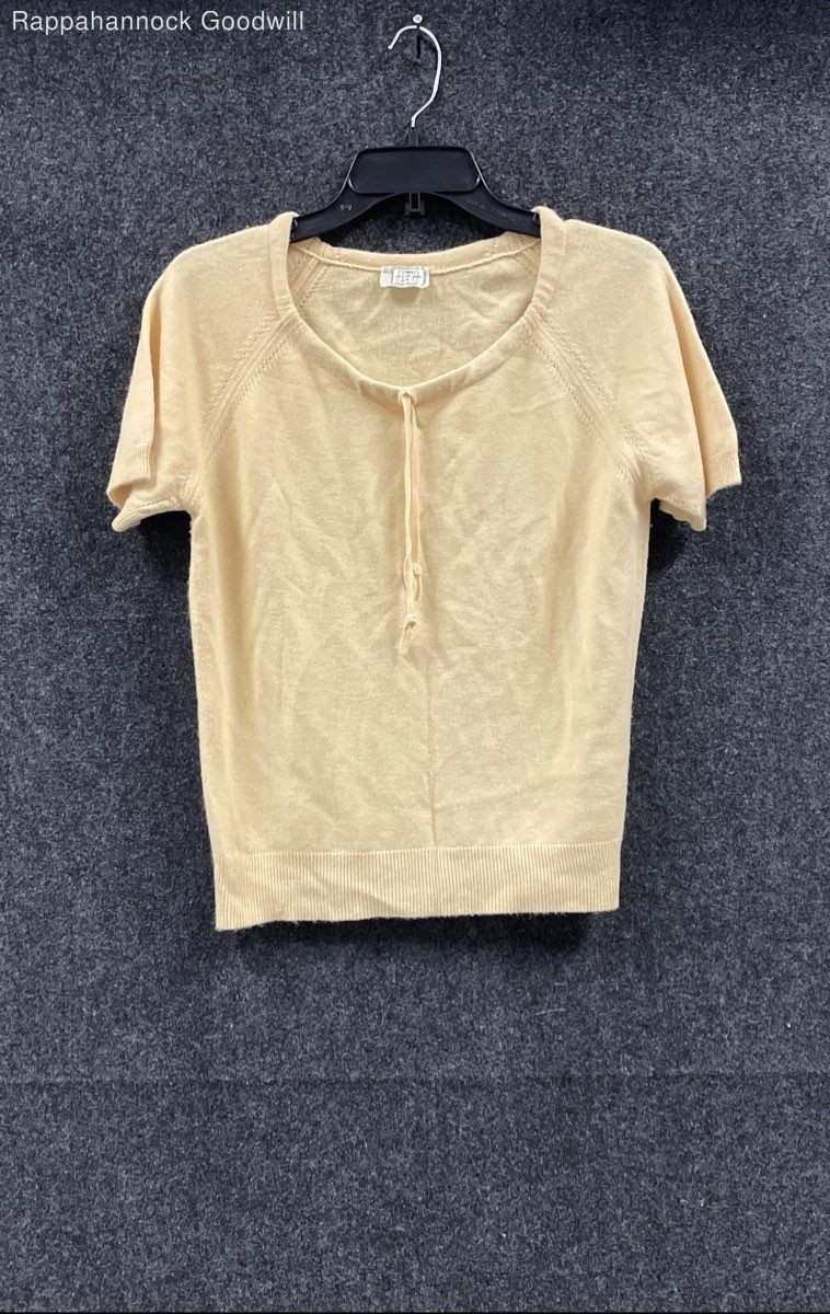 Vintage 70s Yellow Textured Orlon Acrylic Knit Short Sleeve Tie Neck Top Sz S/M