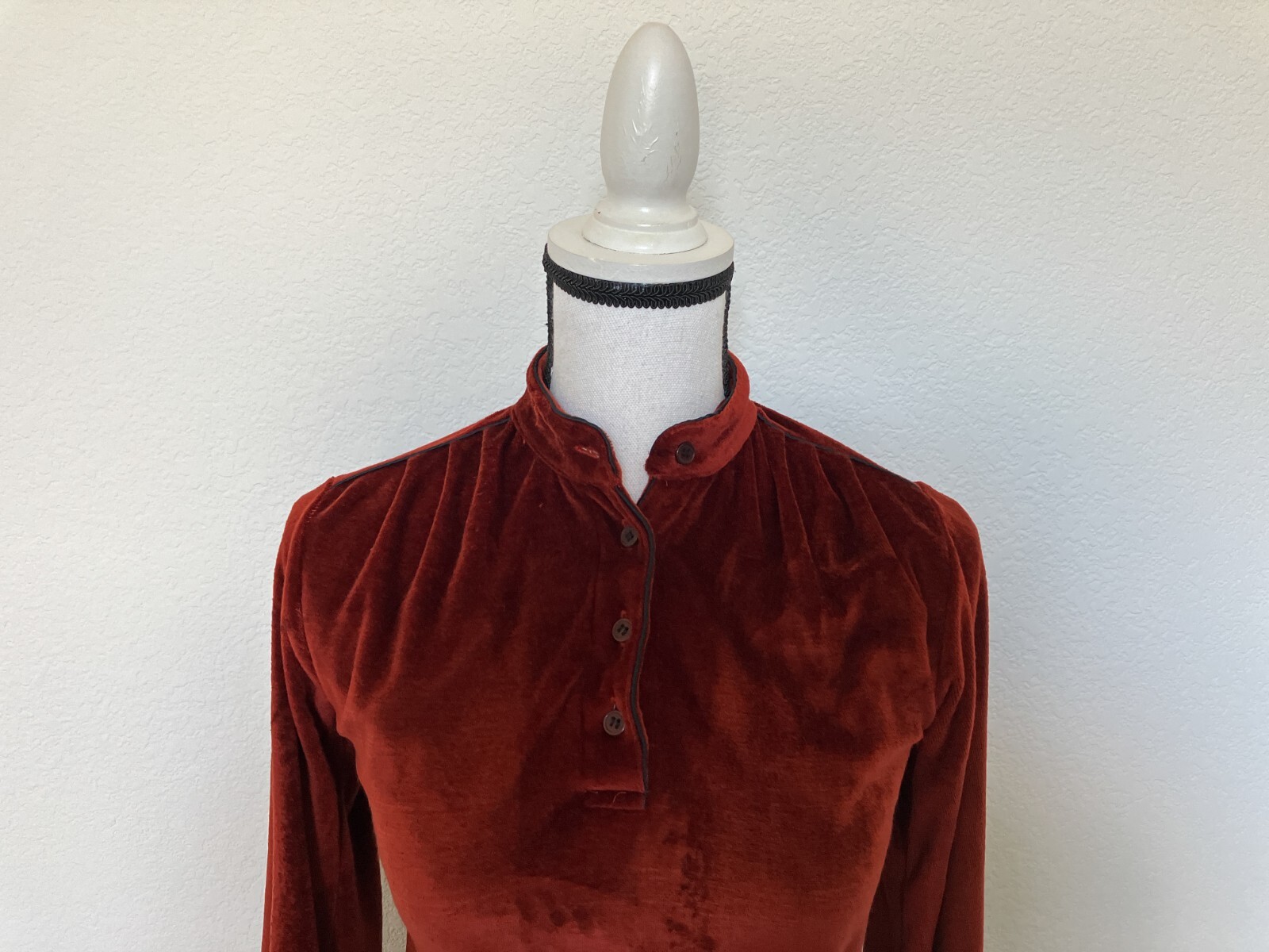 1970s Copper Velour Belted Dress, Vtg Rust Orange Dress with Belt