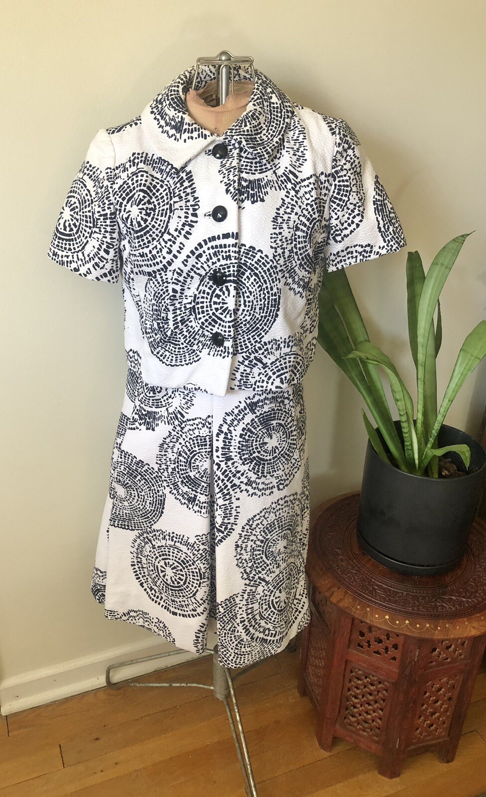 Billy Lewis 1960’s Dress With Cropped Jacket, Midnight Blue Wood Print, XS