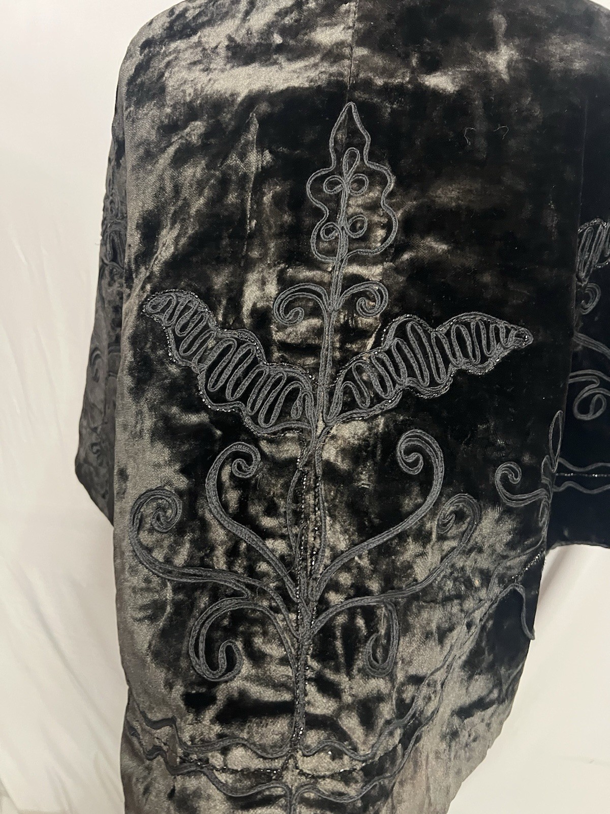 1890’s Antique Black Plush Velvet Cape Narrow Soutach & Jet Bead Trim