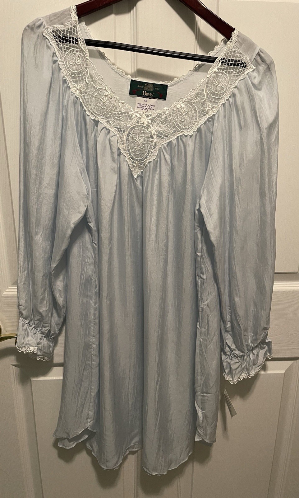 Vtg Orvis Pure Silk Nightgown Lace Neckline Light Blue LS Ladies Medium NWT