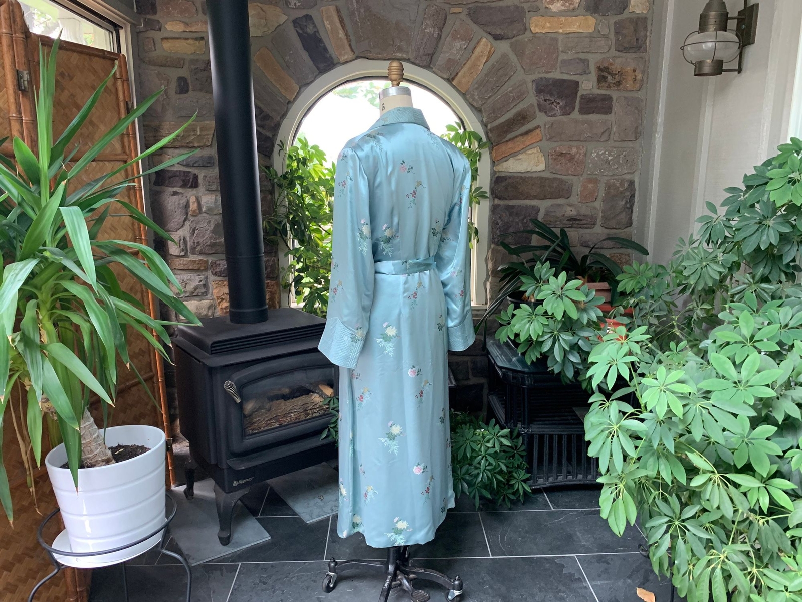 Vintage Light Blue Embossed Floral Rayon Satin Asian Wrap Peony Brand Robe