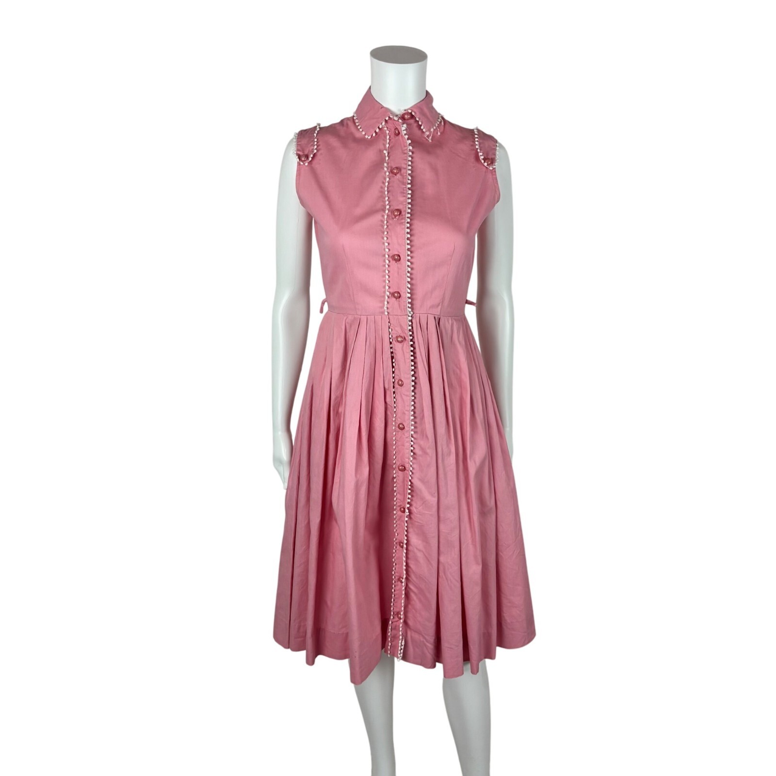Vintage 50s Pink Shirtdress Women&rsquo;s Size XXS Cotton Scallop Trim Fit & Flare