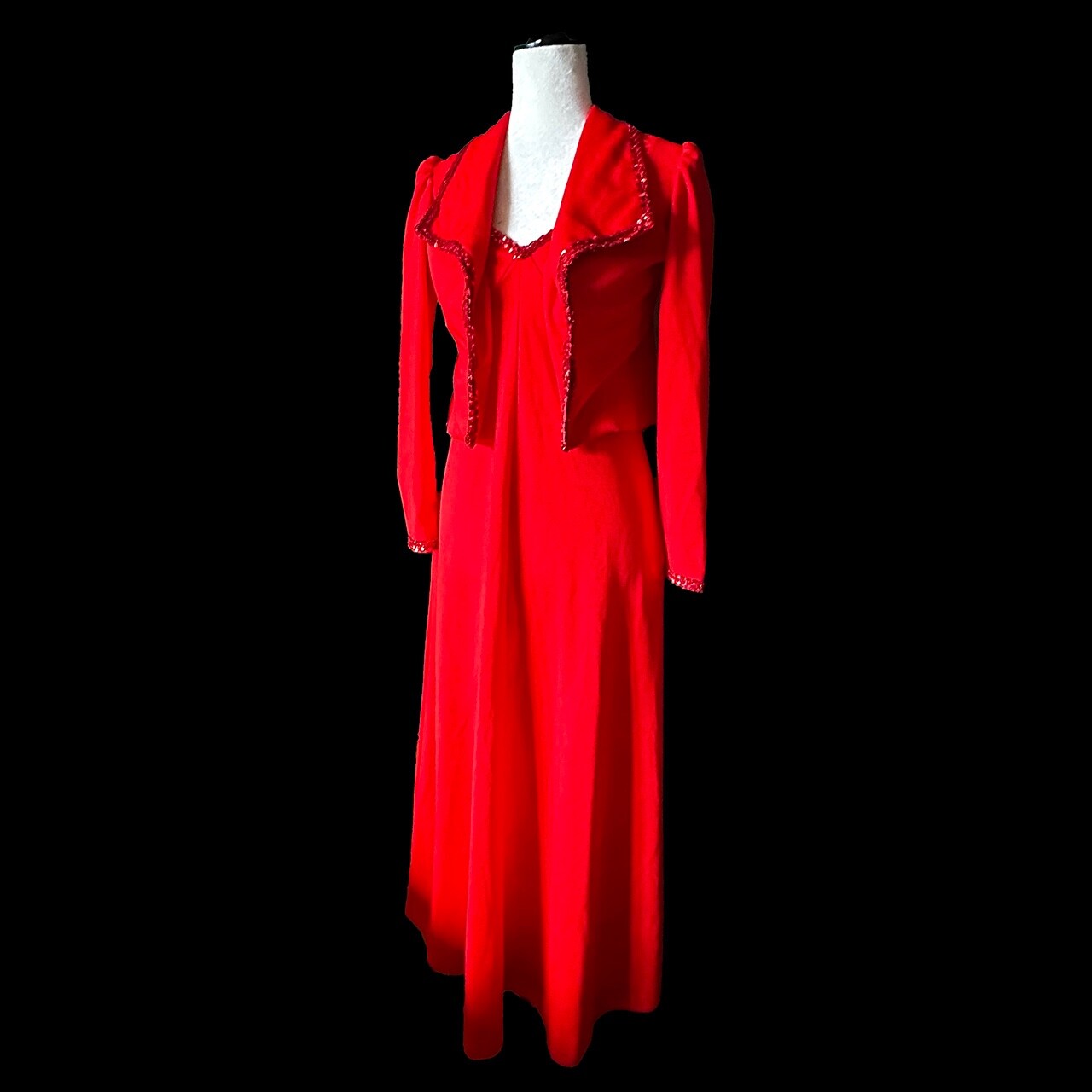 Vintage 1970s Red Max Sequini Evening Dress & Bolero Jacket Empire Waist Small