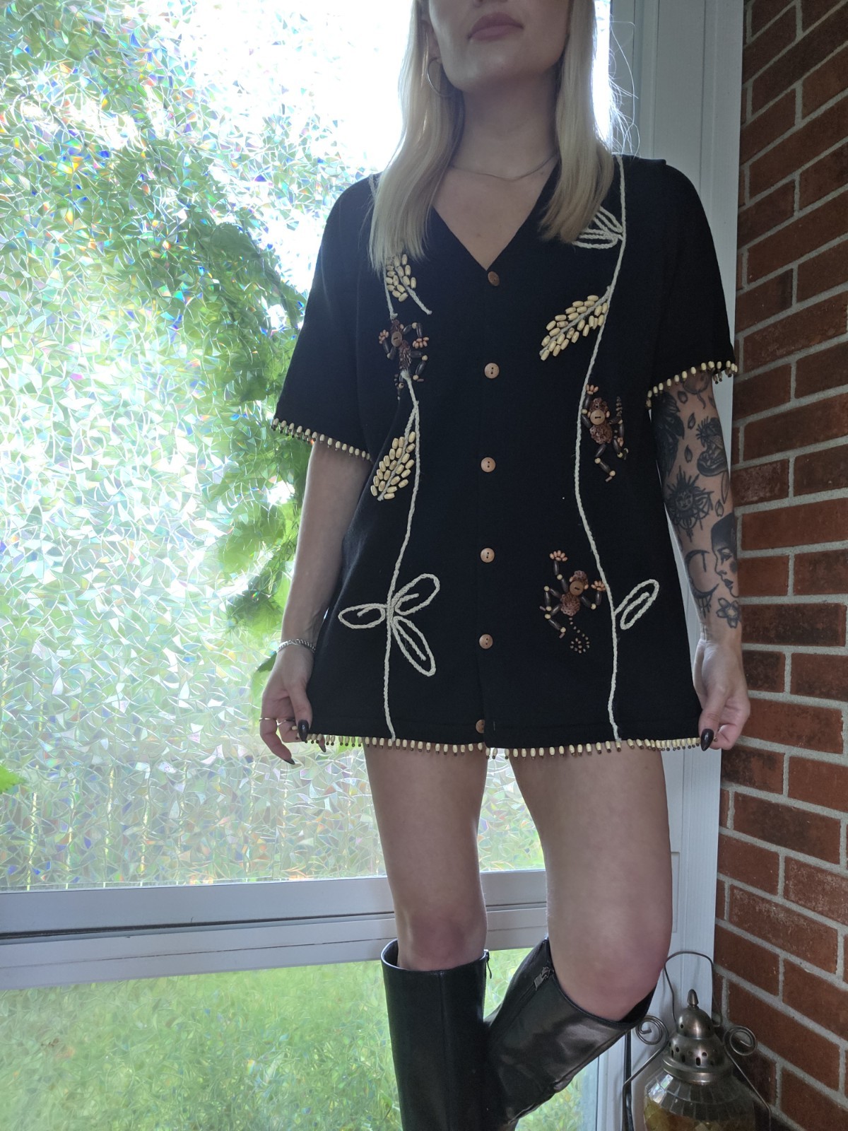 Vintage Eclectic Hand Embroidered Beaded Button Top Size L Artsy Boho Monkey