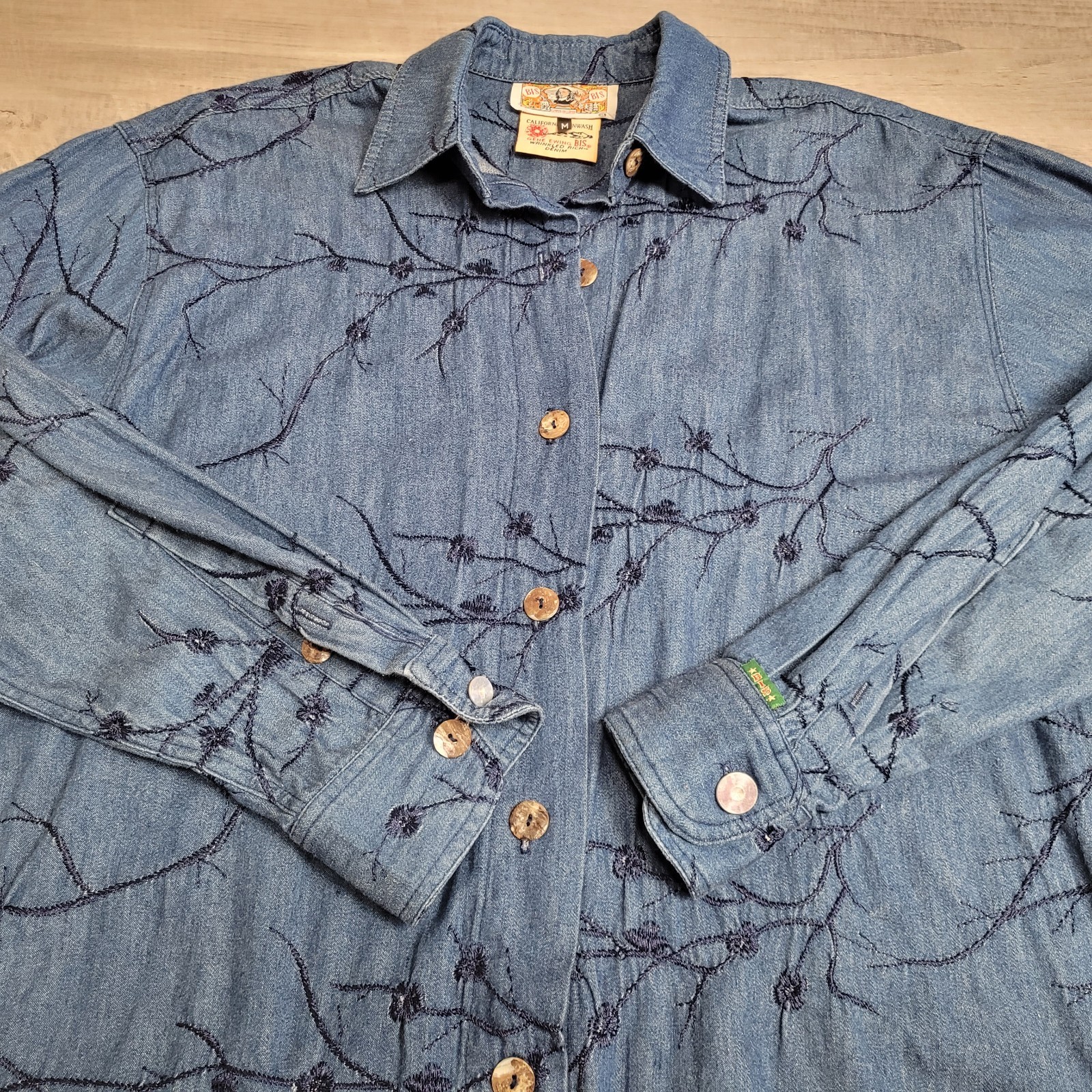 Vintage Gene Ewin BIS Shirt Womens M Wrinkled Rich Denim Embroidered 90&rsquo;s USA