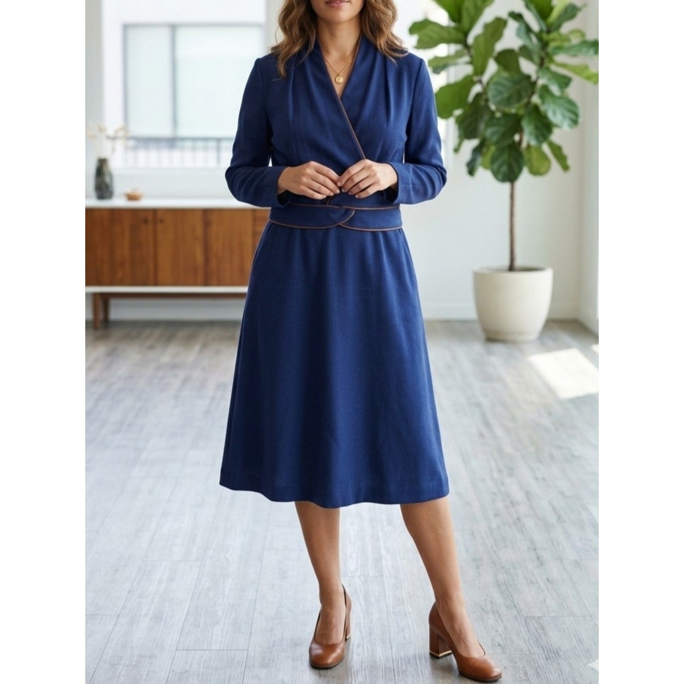 Rare THE FOLD London Virgin Wool Navy Blue w/ Copper Neck Line & Belt Trim Dress