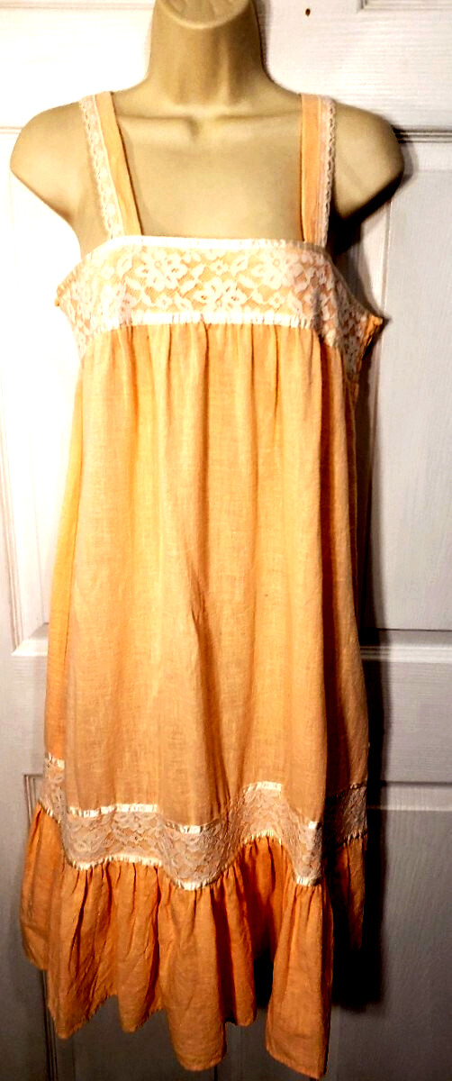 Vtg Gauze Cotton & Lace Pull-on Loose Sack Dress Peach /Orange Womens M