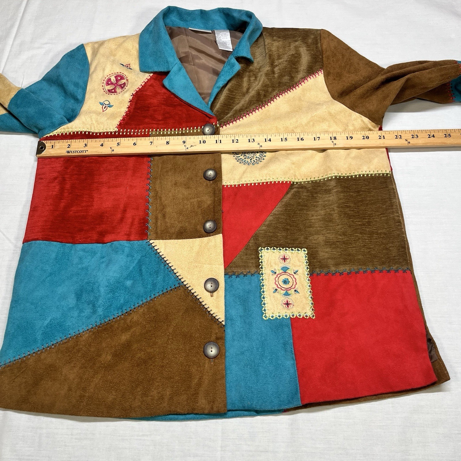 Vintage Koret Patchwork Blazer Jacket Embroidered Small Faux Suede Aztec
